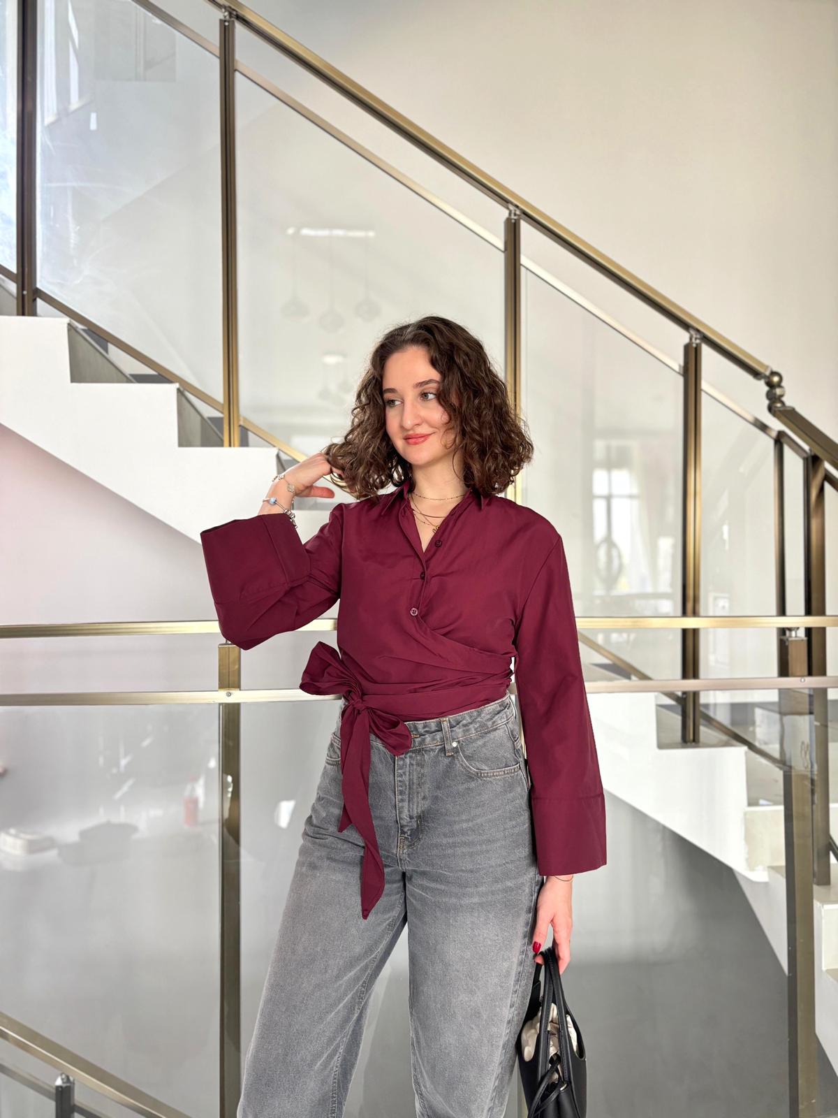 Geniş Kol Bağlama Detaylı Gömlek - Bordo