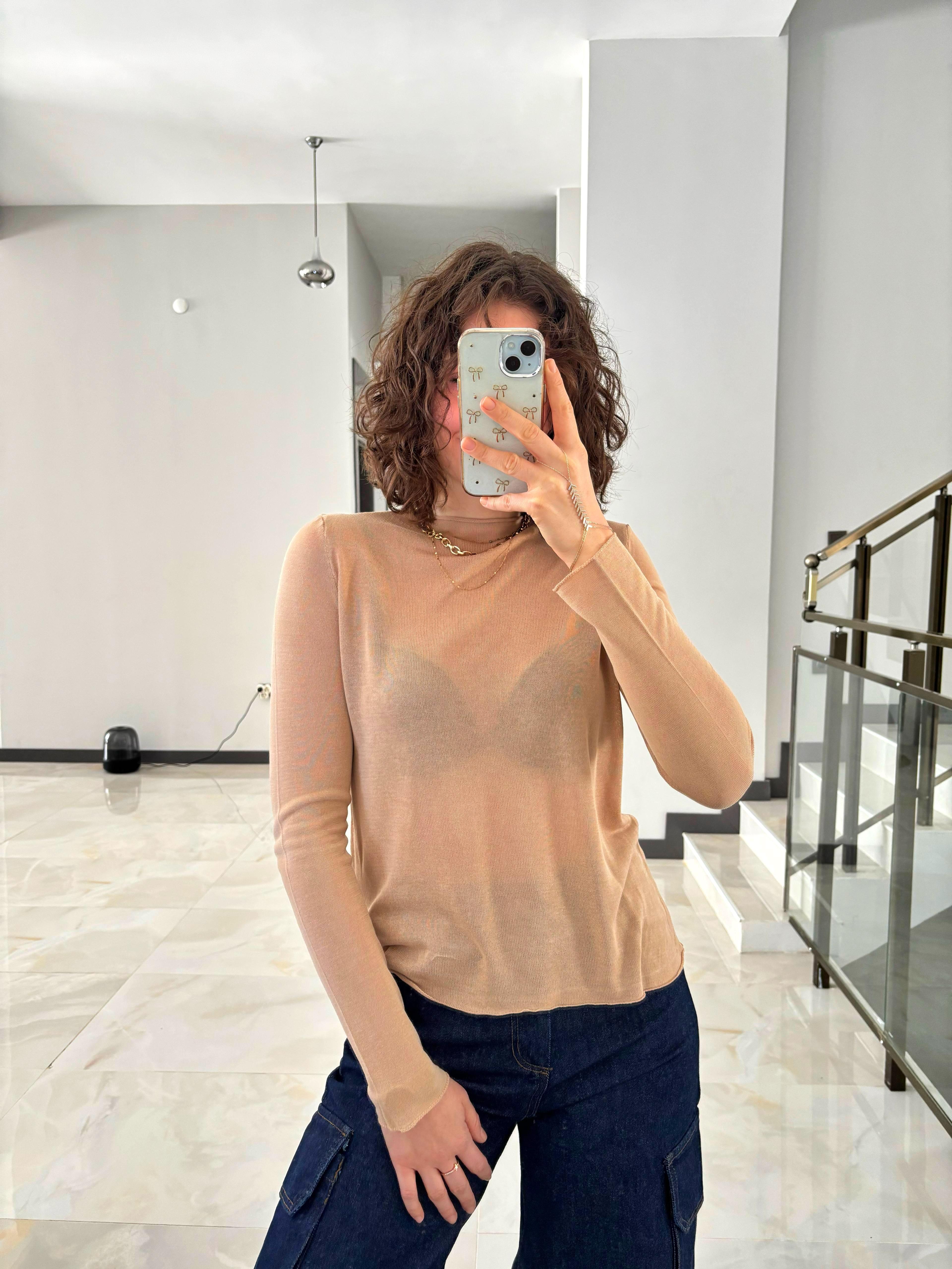 Yarım Dik Yaka Pamuklu Transparan Bluz