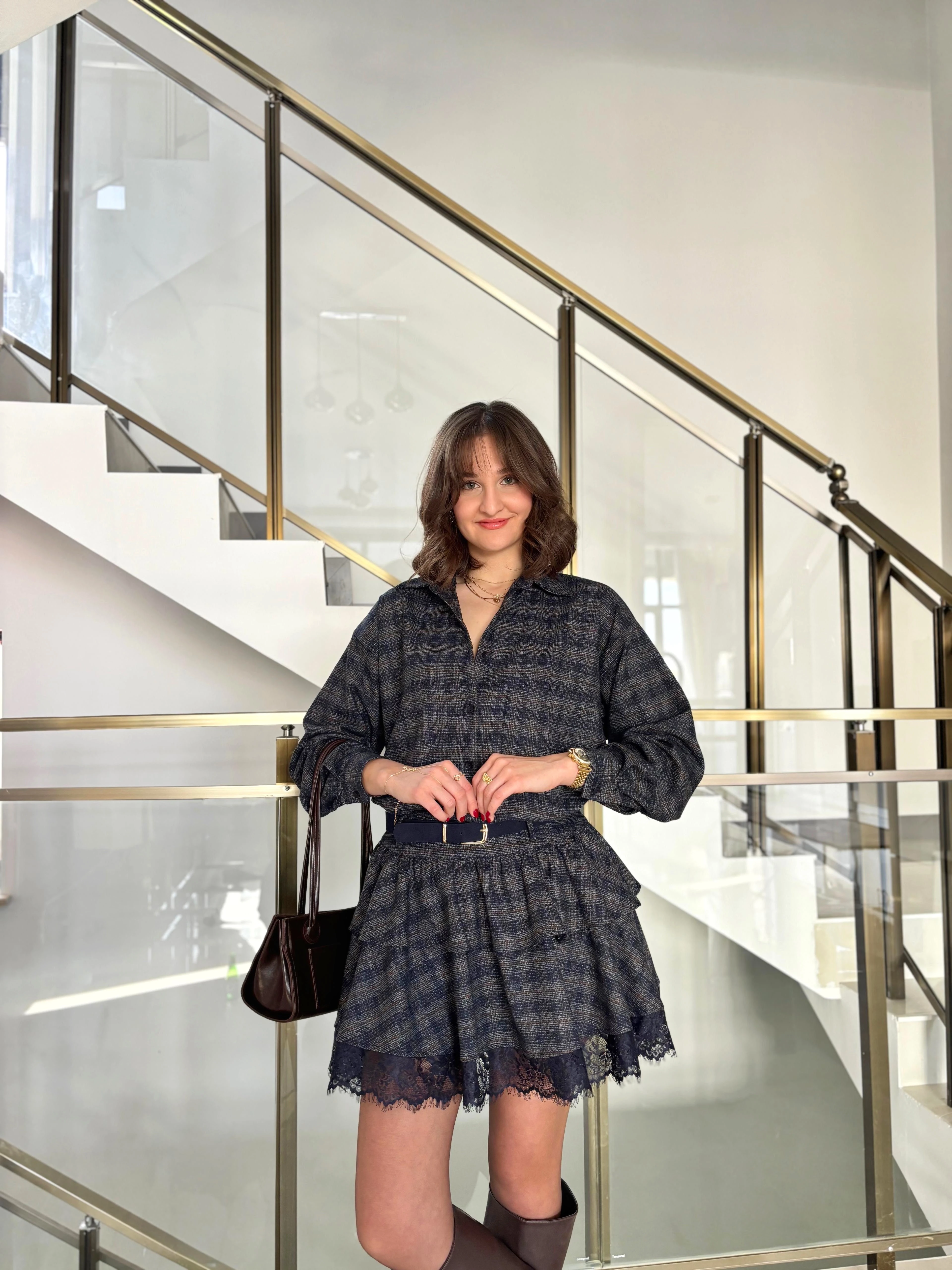 Dantel Detaylı Ekose Desen Etek Gömlek Takım