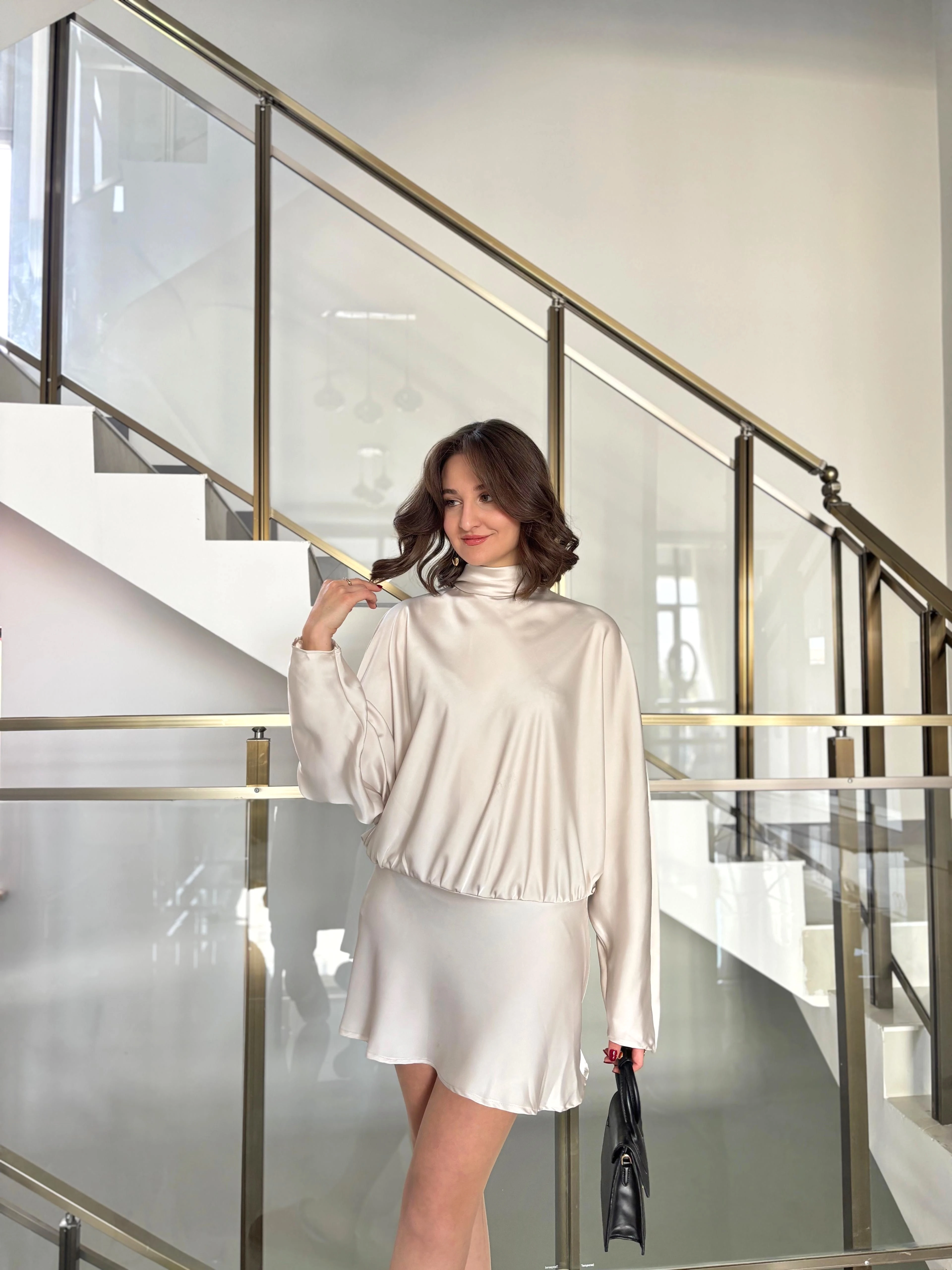 Yaras Kol Dökümlü Saten Elbise  - Ekru