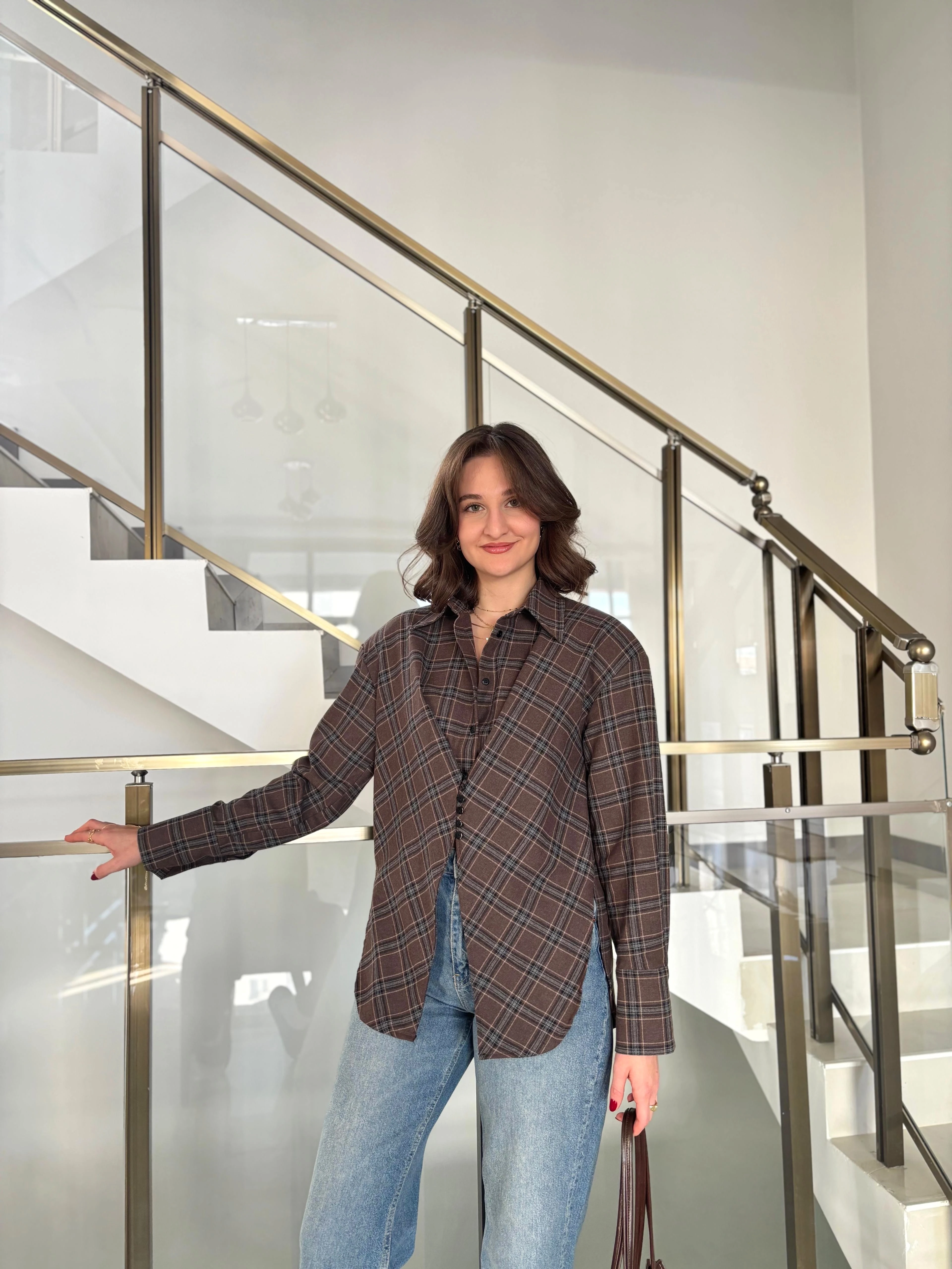 Ekoseli Asimetrik Detaylı Vatkalı Gömlek