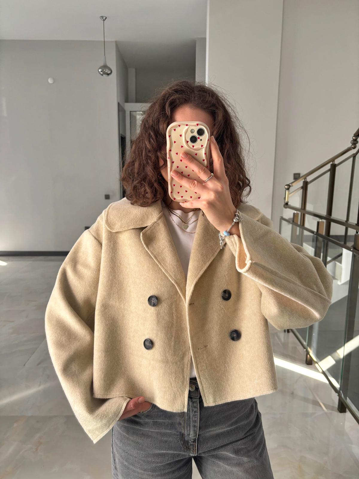 Çift Taraflı Yumoş İthal Kaşe Kaban - Krem