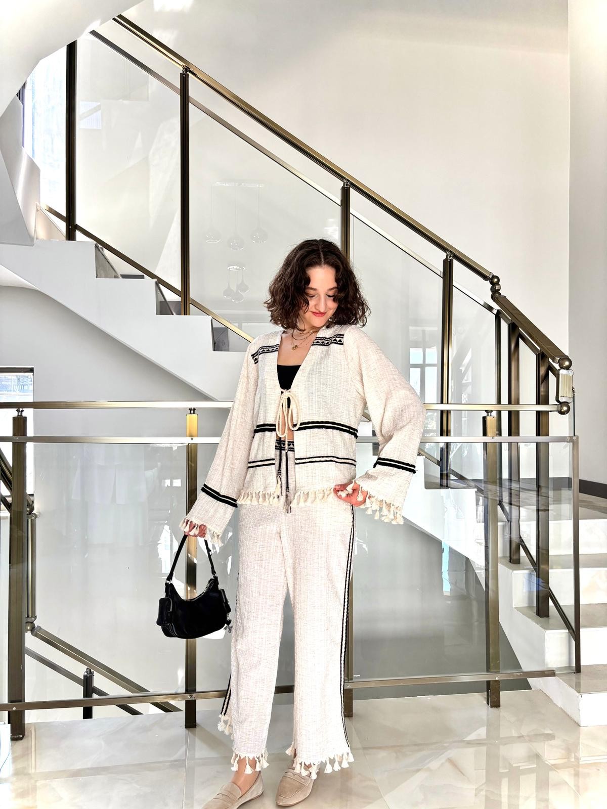 Püskül Detaylı Kimono Naturel Takım