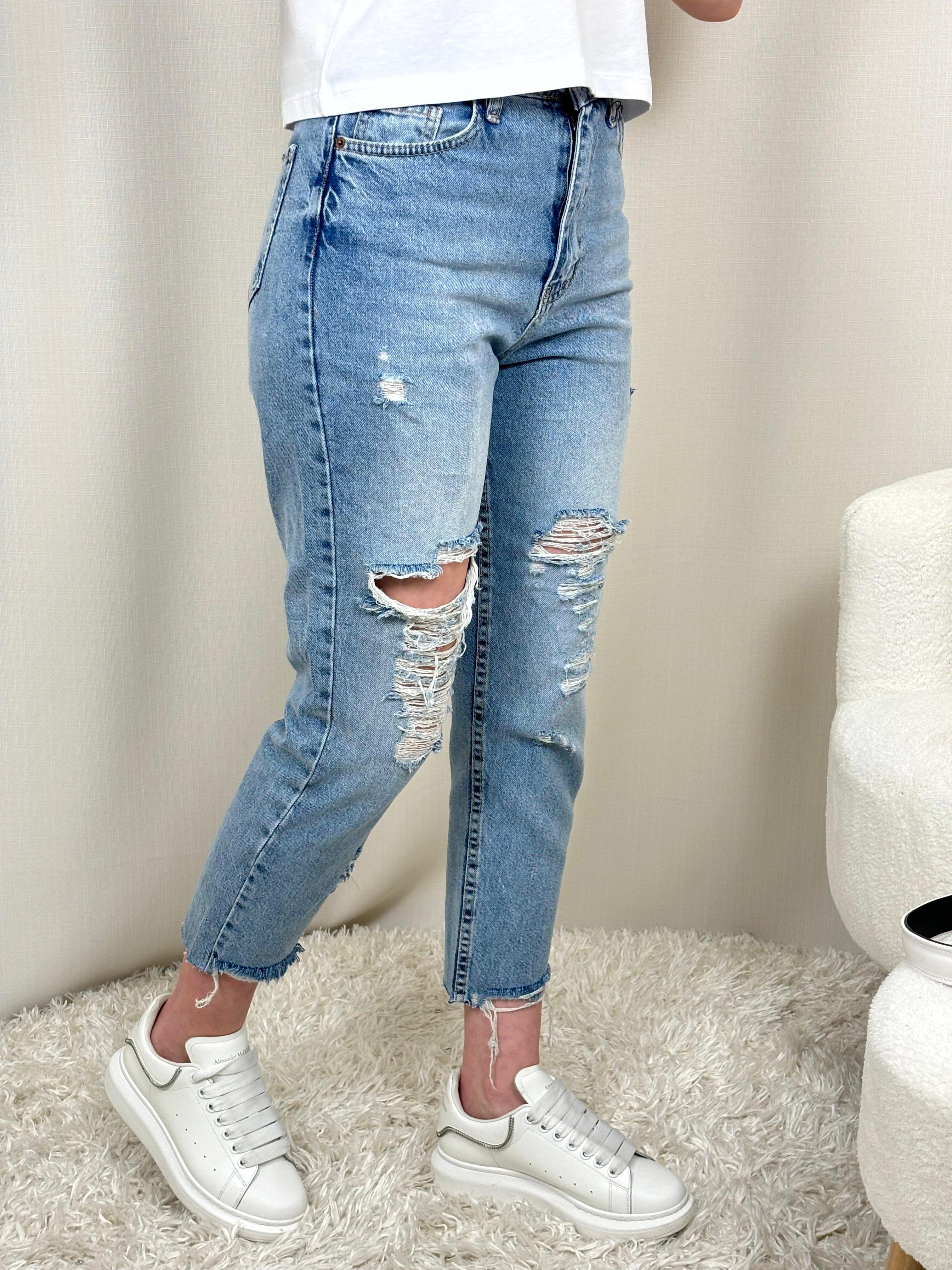 Mavi Yırtıklı Mom Jean