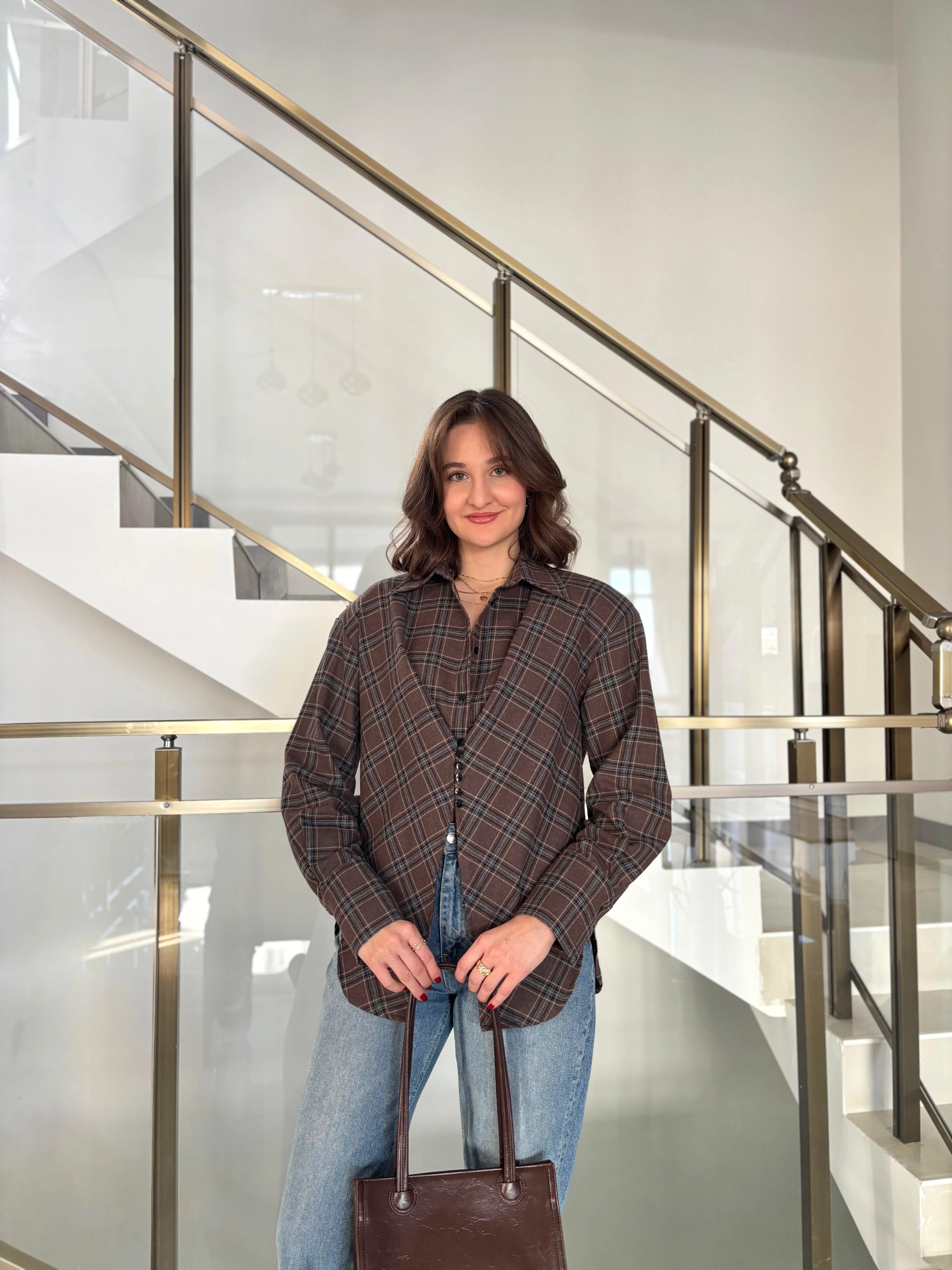 Ekoseli Asimetrik Detaylı Vatkalı Gömlek