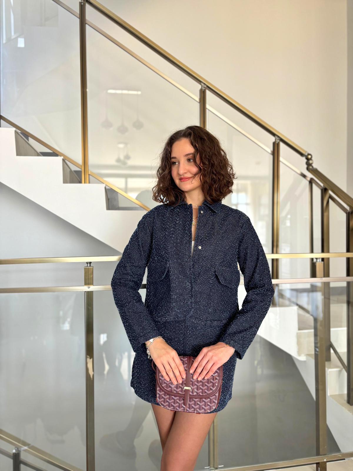 Kendinden Dokulu Denim Mini Etek Ceket Takım