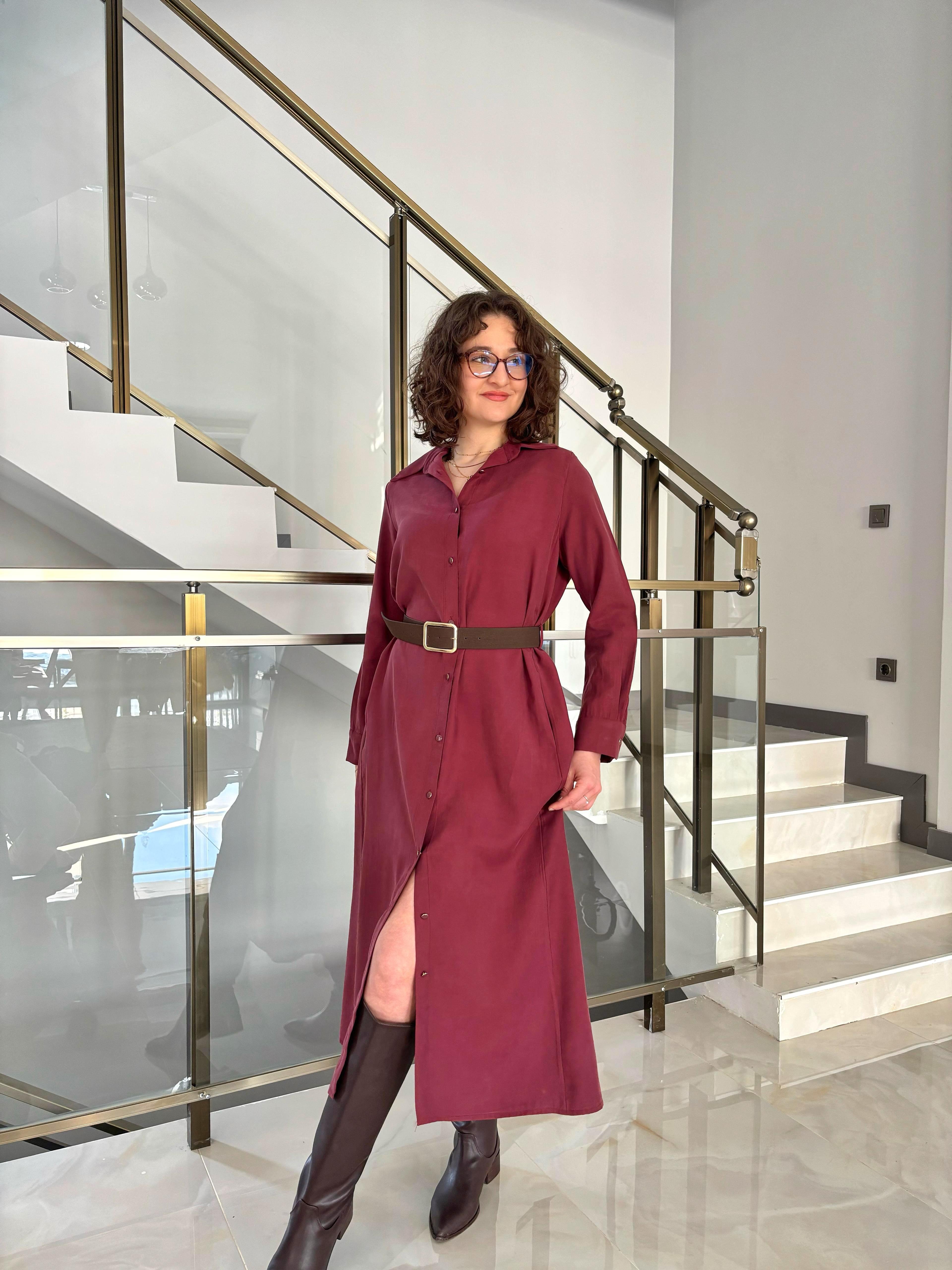 Bordo Modal Kumaş Süet Kemerli Elbise