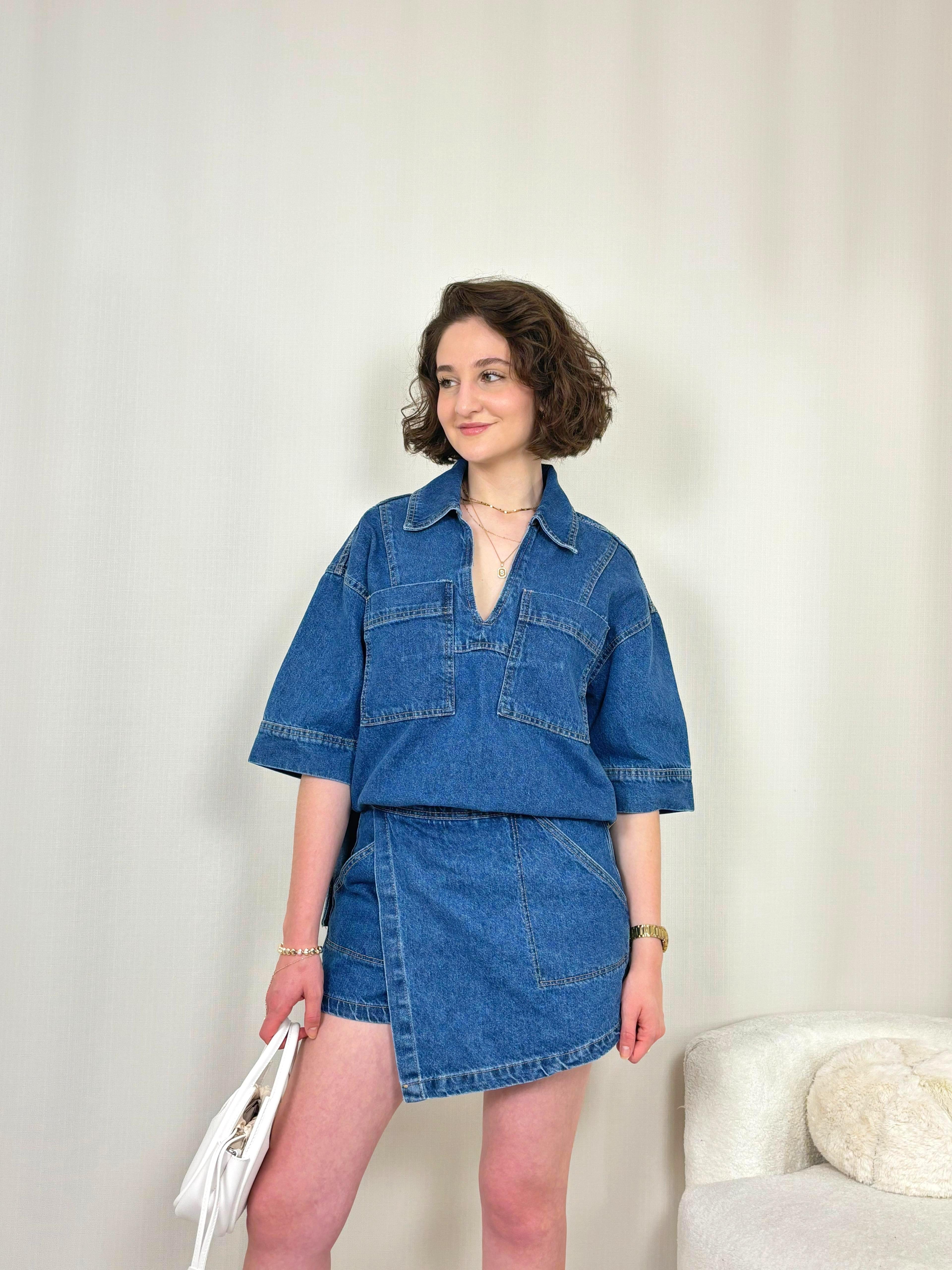 Lacivert Denim Tshirt Şort Etek Takım