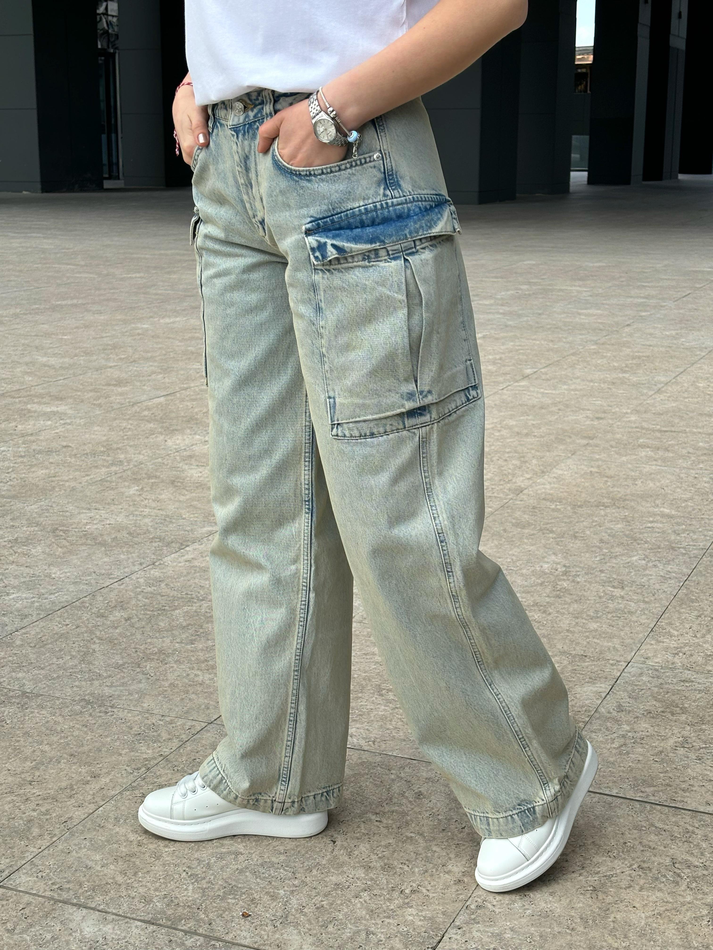Eskitme Kargo Cepli Wide Leg Jean