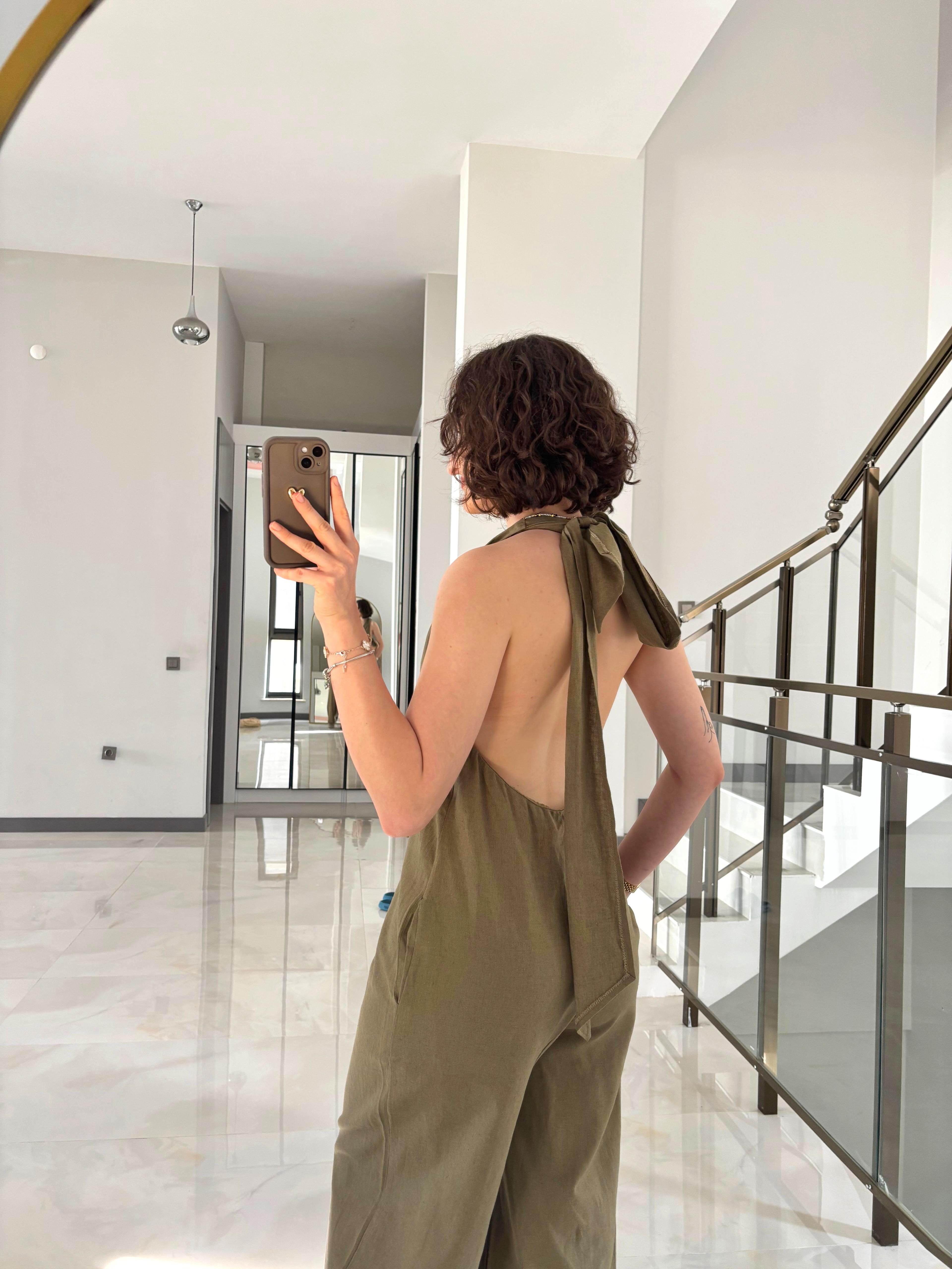 Premium Sırt Dekolteli Keten Tulum