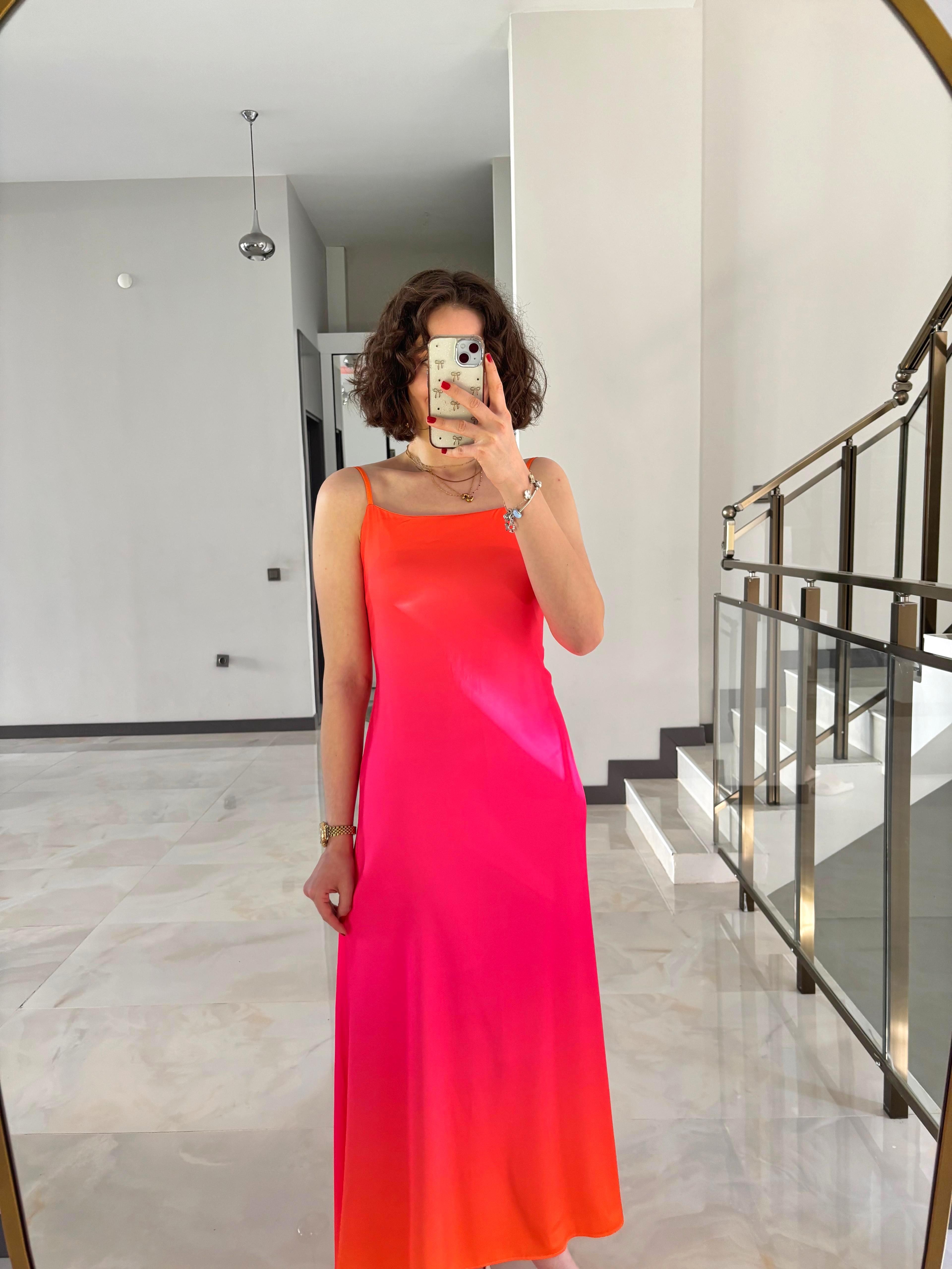 Turuncu Pembe Renk Geçişli Askılı Elbise