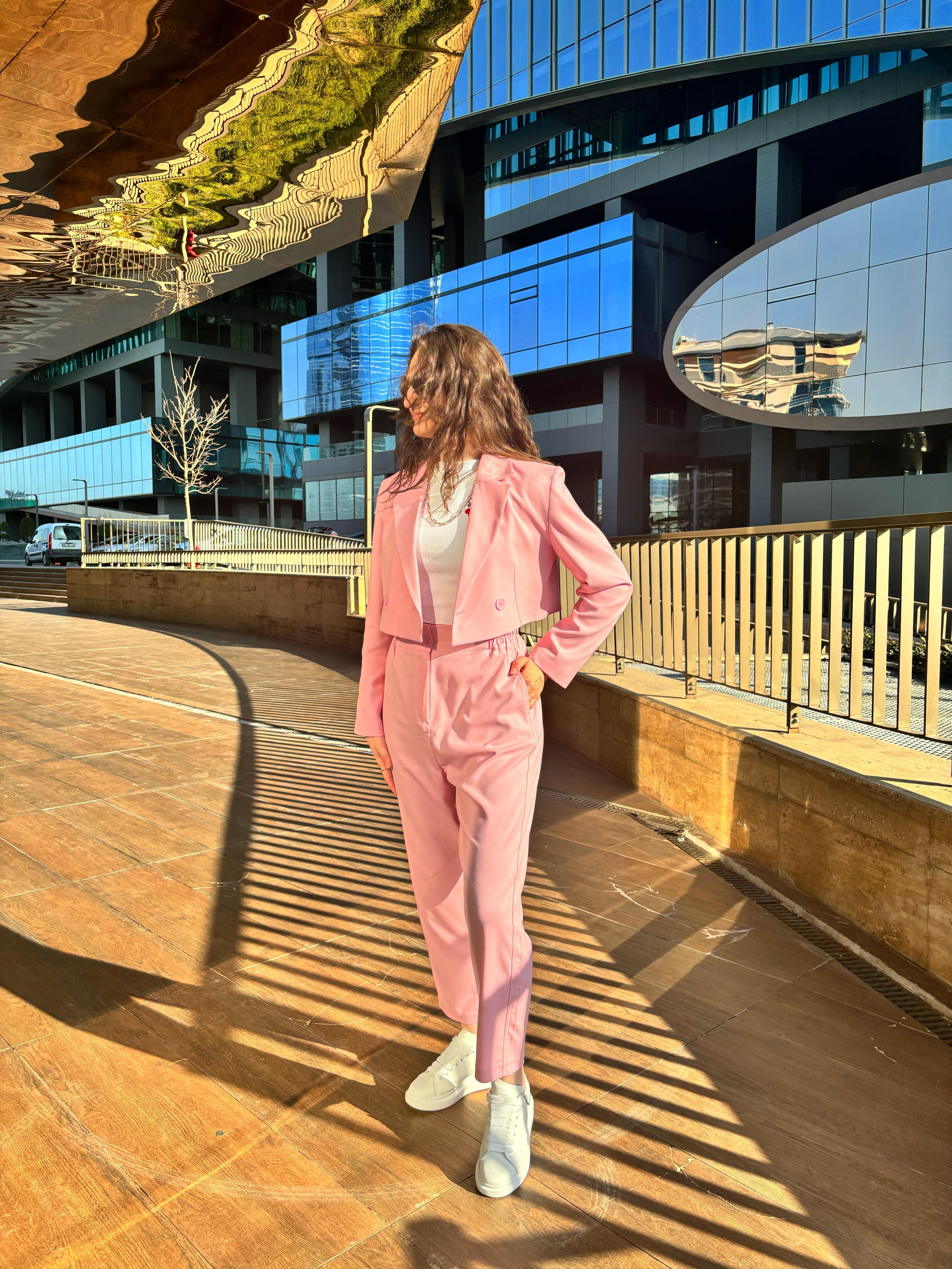 Kruvaze Crop Blazer Ceket Ve Pantolon Takım