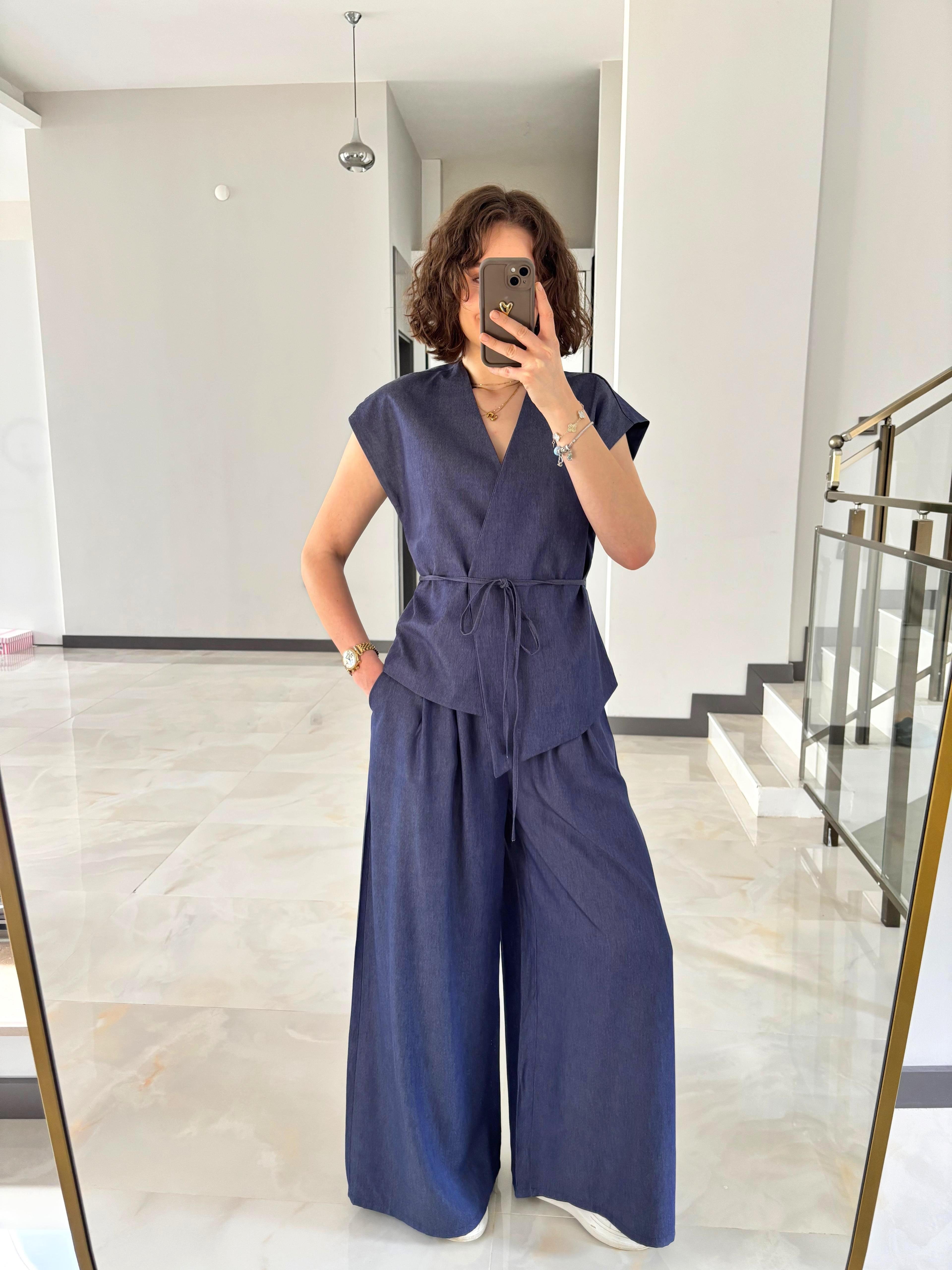 Tensel Kumaş Belden Bağlamalı Denim Takım