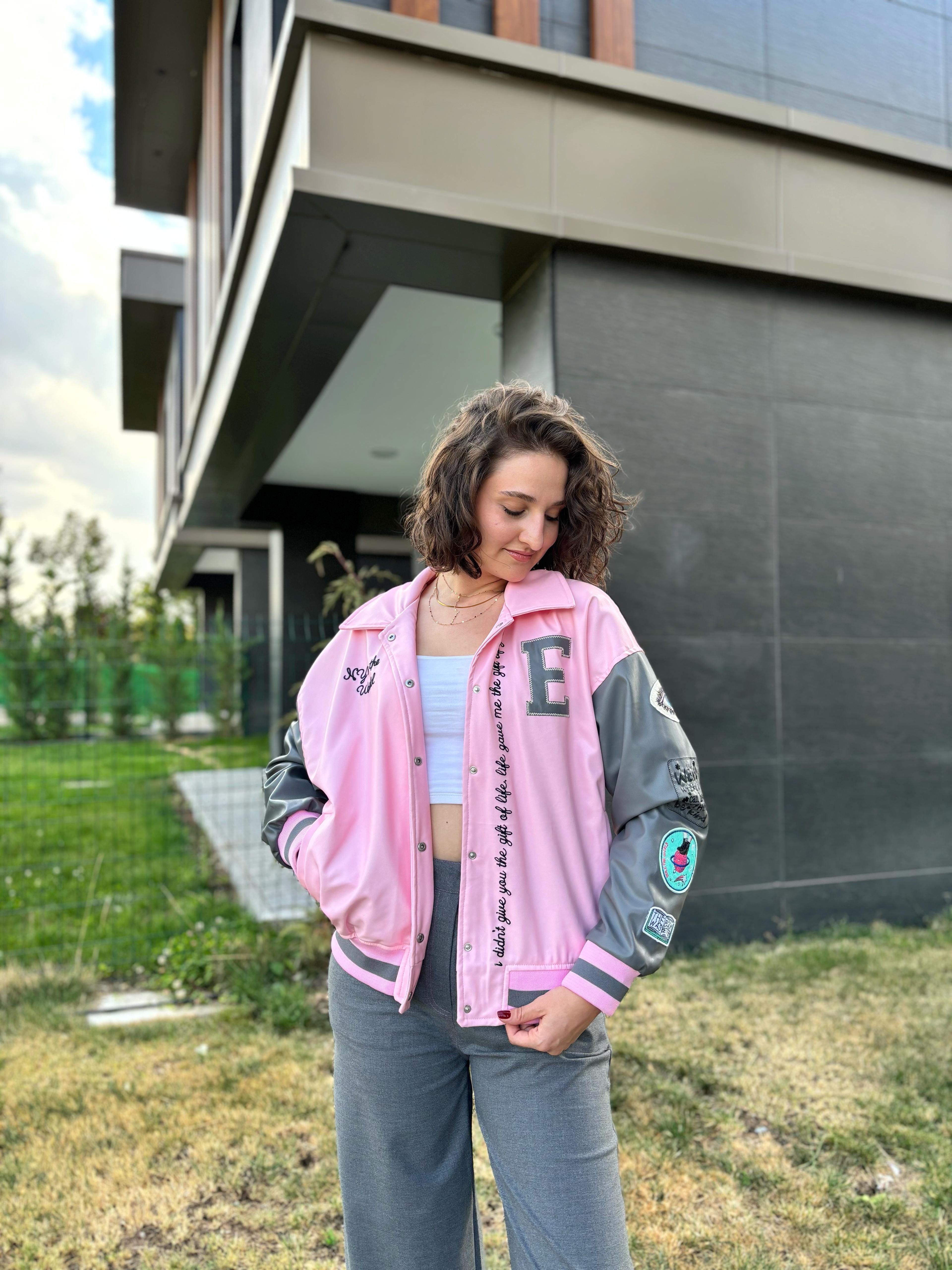Pembe Bomber Deri Ceket