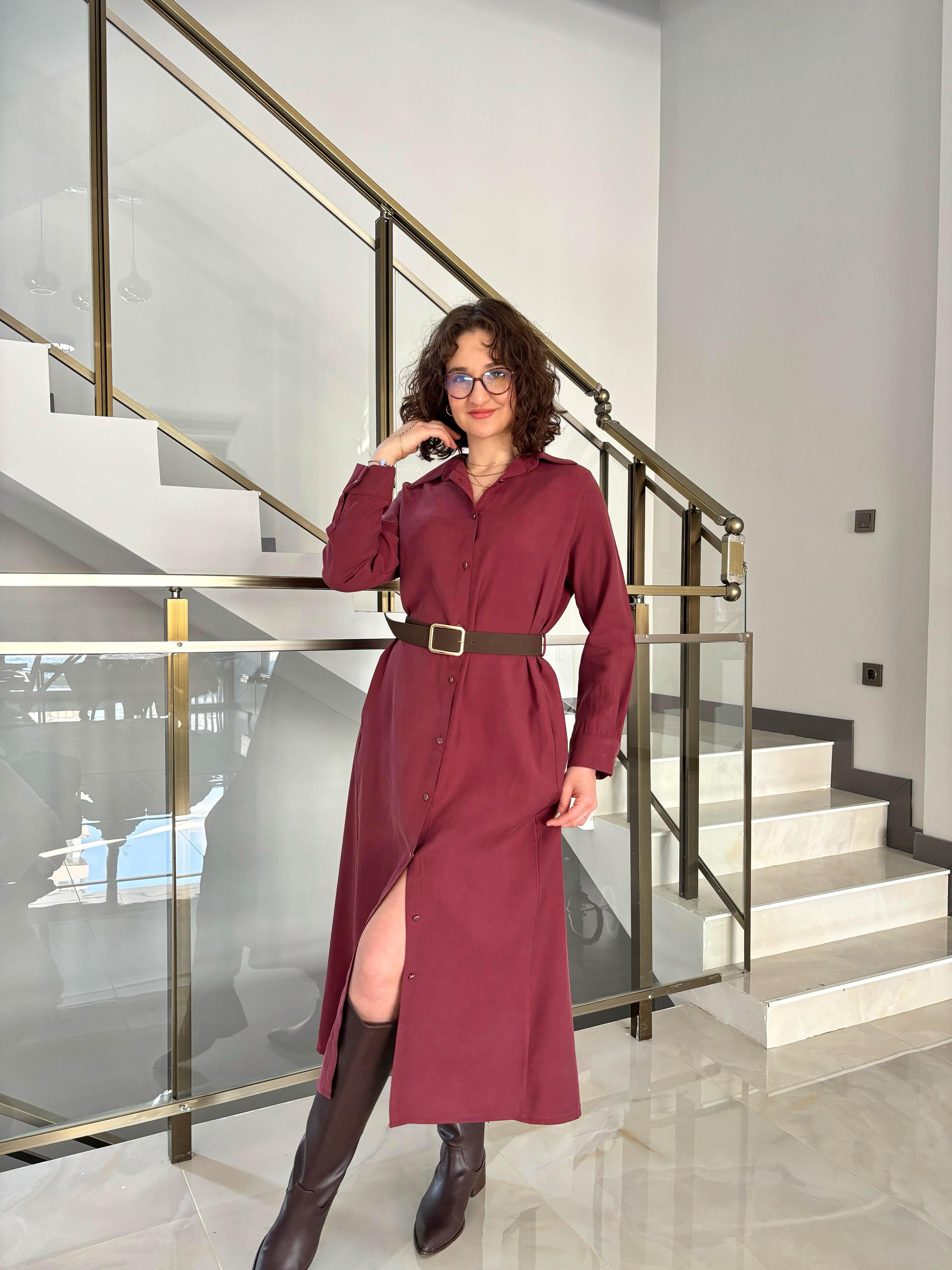 Bordo Modal Kumaş Süet Kemerli Elbise