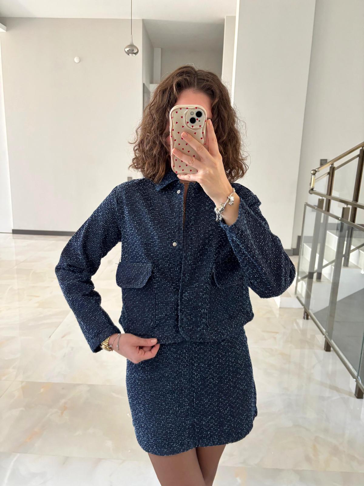 Kendinden Dokulu Denim Mini Etek Ceket Takım