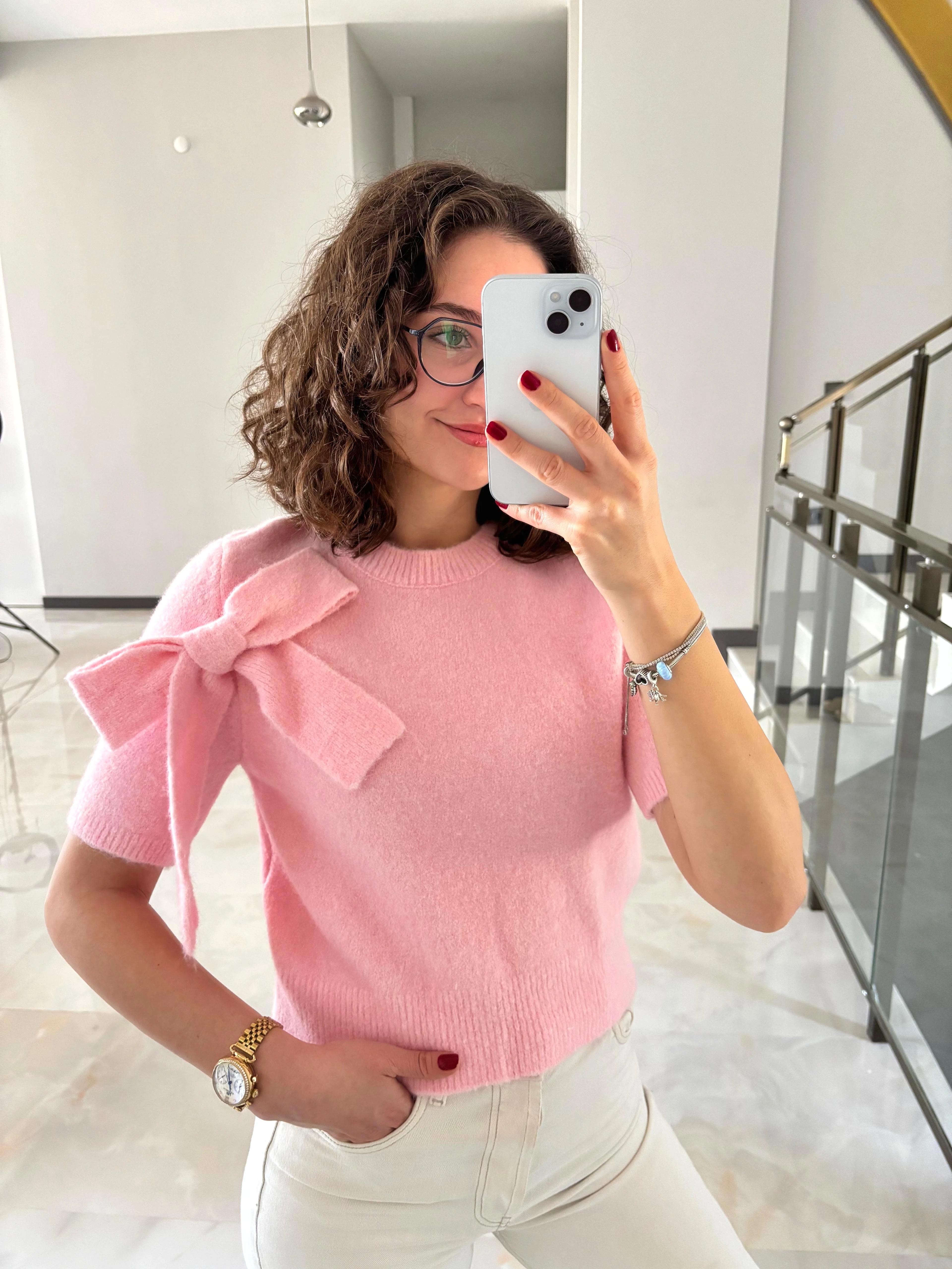 Fiyonk Detaylı Yumoş Triko Kazak - Pembe