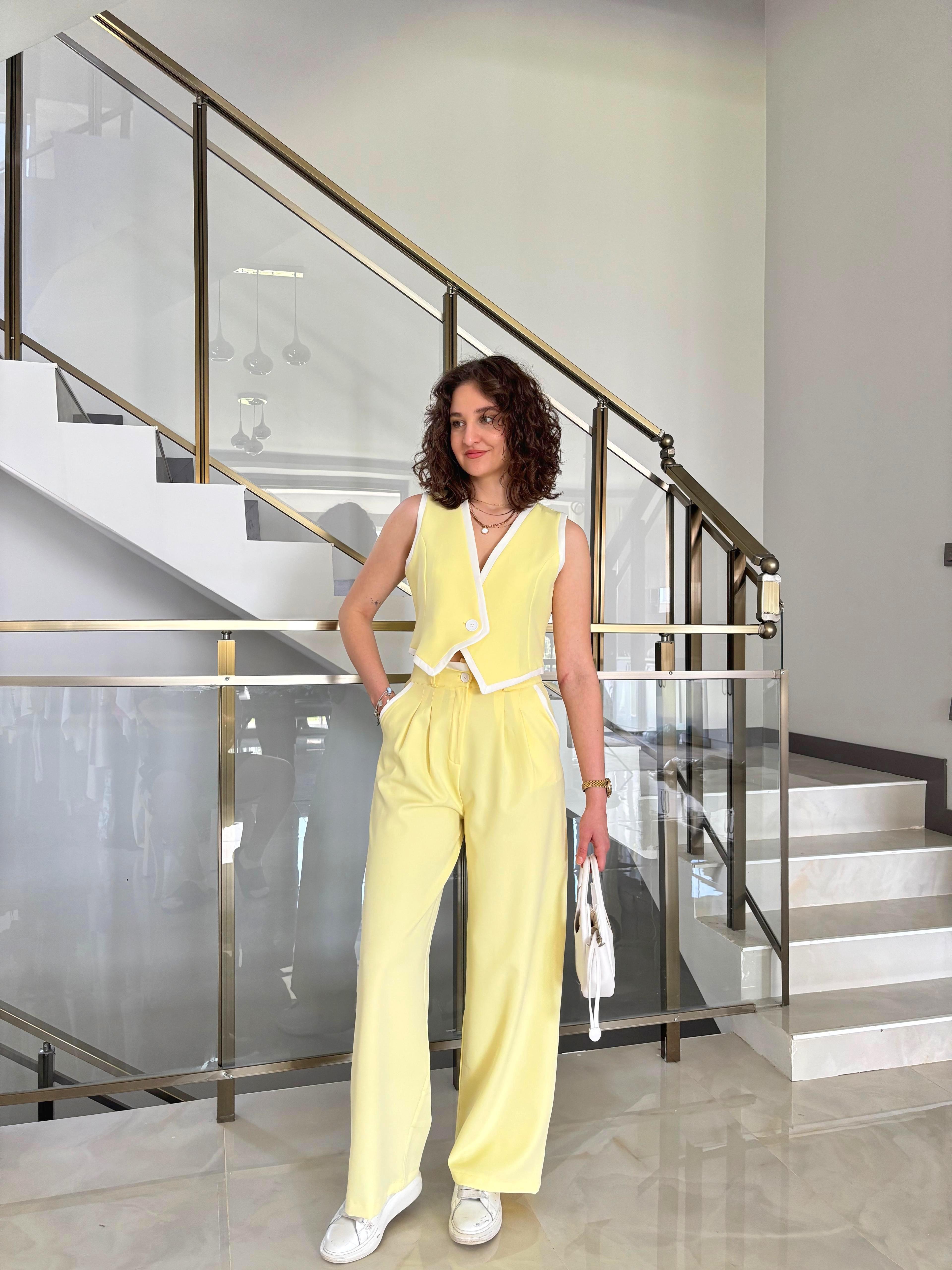 Premium Şeritli Yelek Pantolon Takım - Sarı