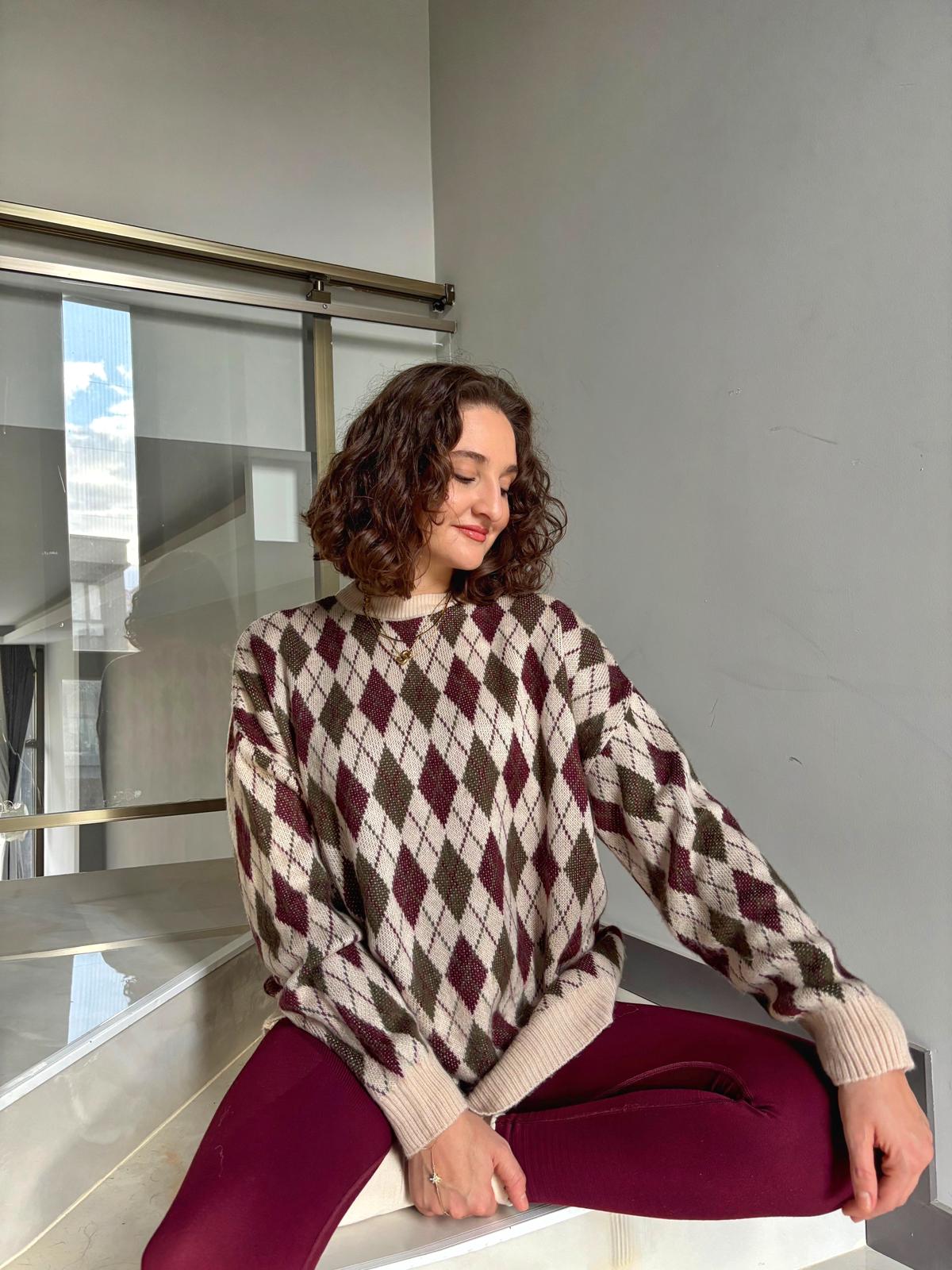 Vanilya Bordo Baklava Desen Oversize Kazak