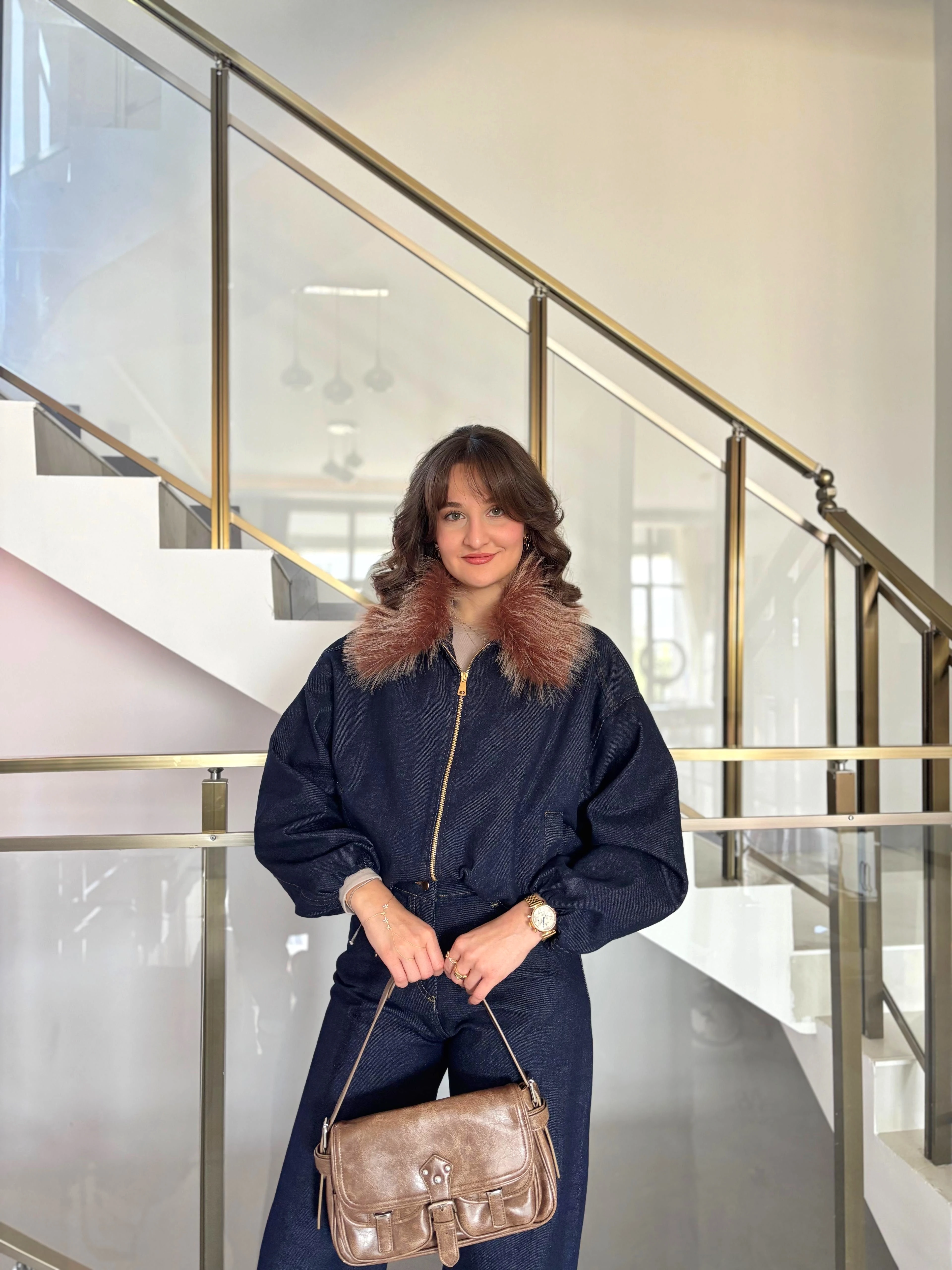 Yakası Kürklü Denim Ceket Pantolon Takım