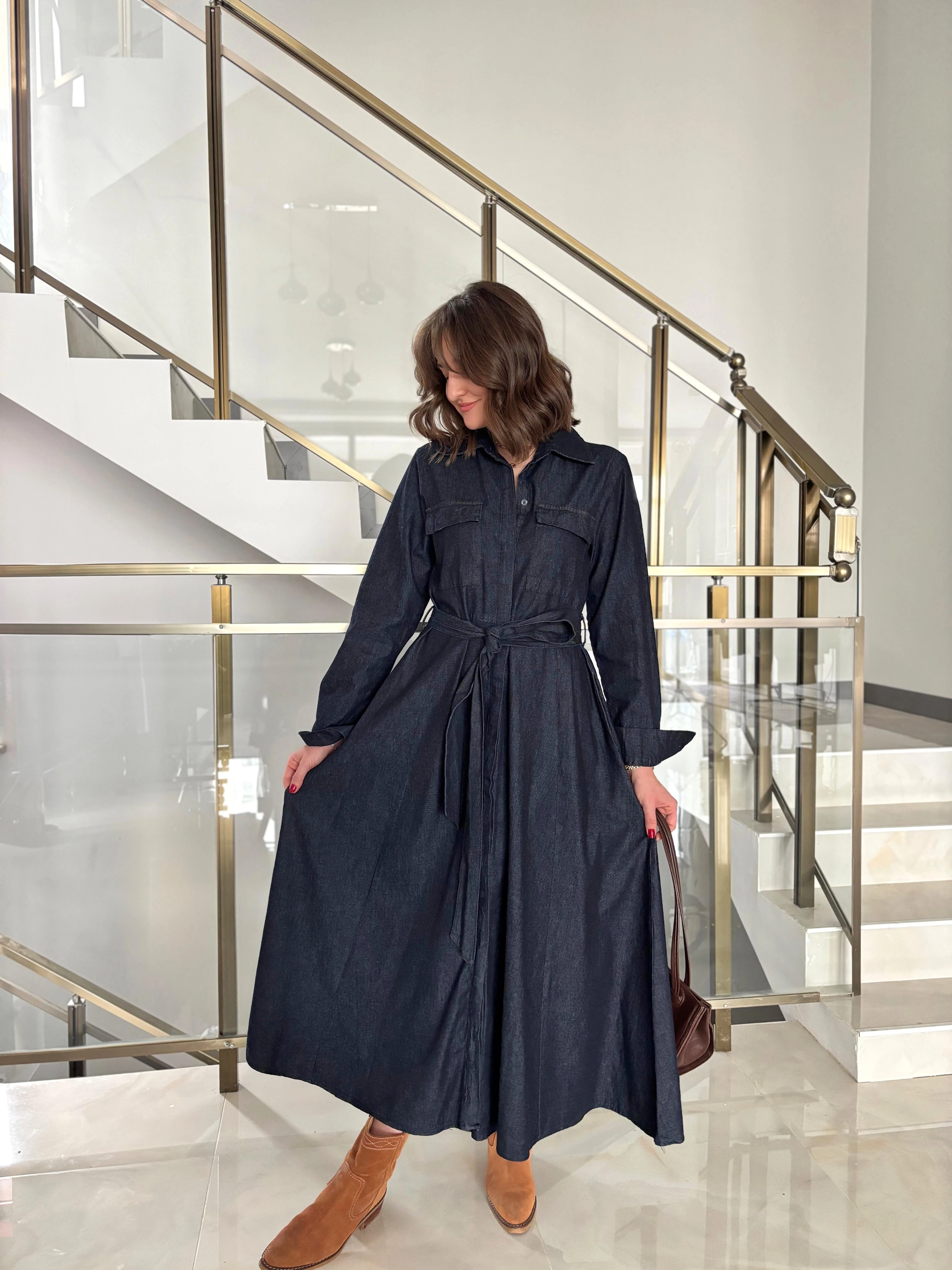 Kuşakli Midi Boy Denim Gömlek Elbise 