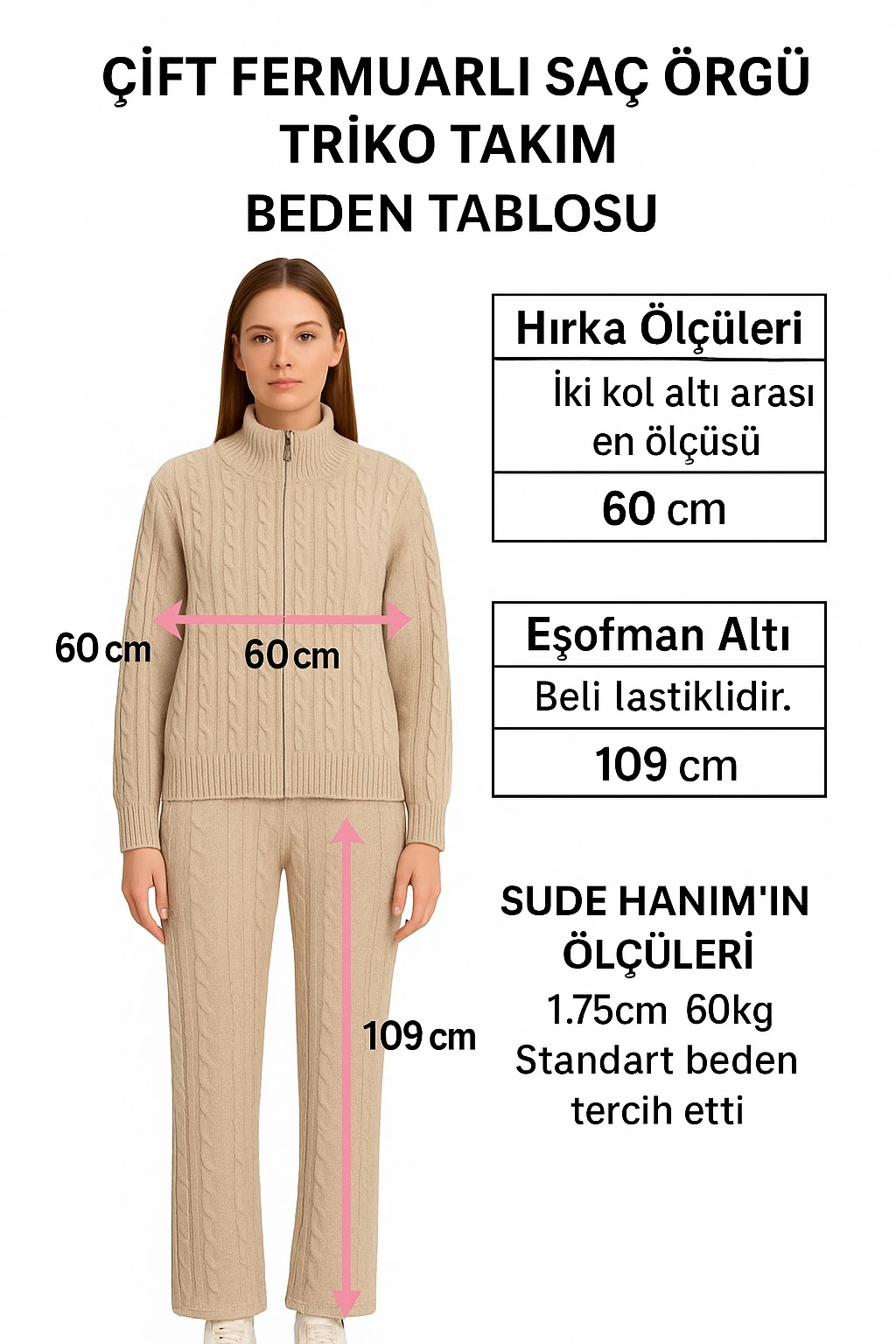 Çift Fermuarlı Saç Örgü Triko Takım