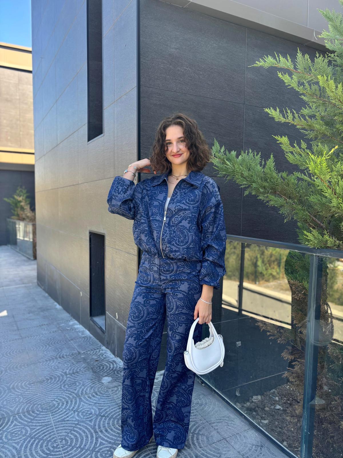 Bomber Ceketli Desenli Denim Takım