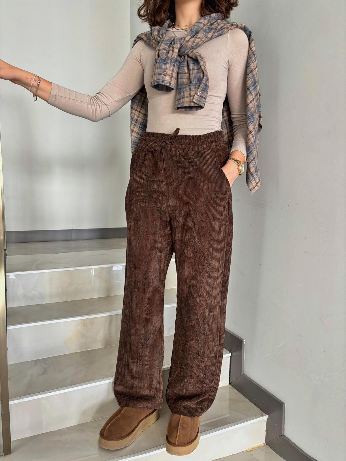 Beli Lastikli Fitilli Kadife Pantolon