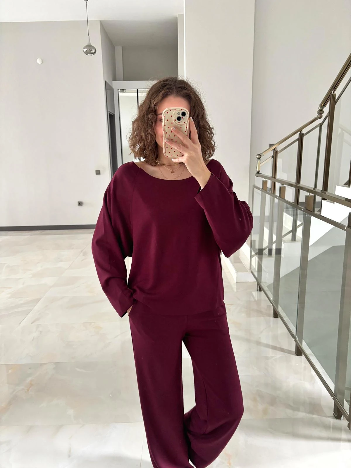 Kayık Yaka Modal Kumaş Eşofman Takımı - Bordo