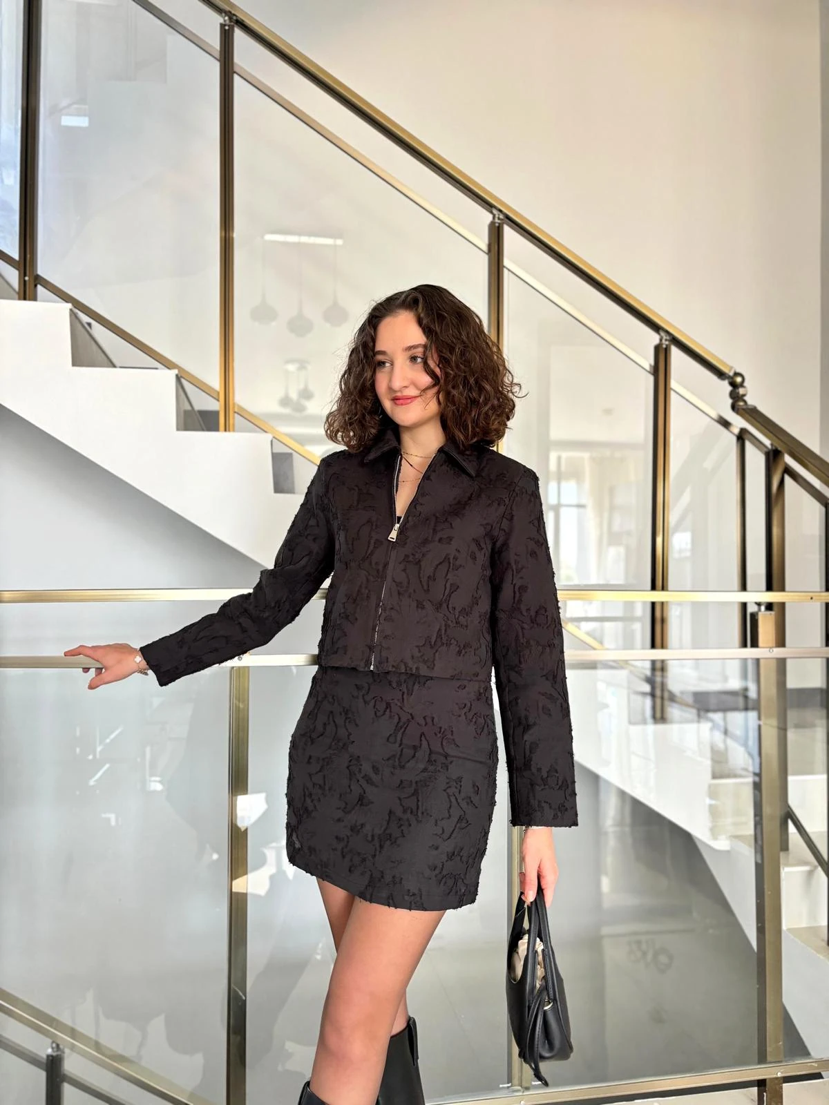 Jakarlı Mini Etek Ceket Takım - SİYAH