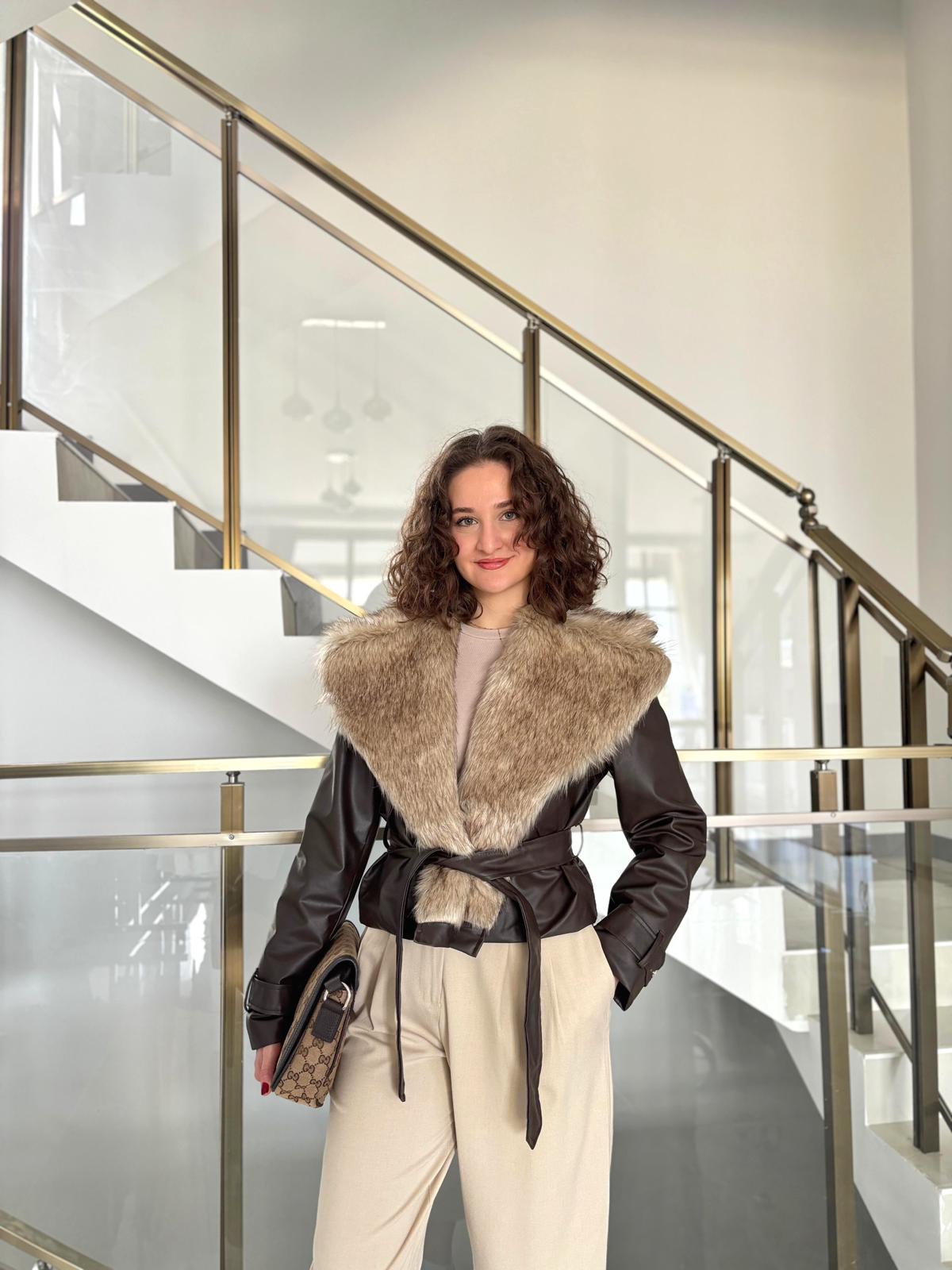 Premium Yakası Kürklü Kahve Deri Ceket