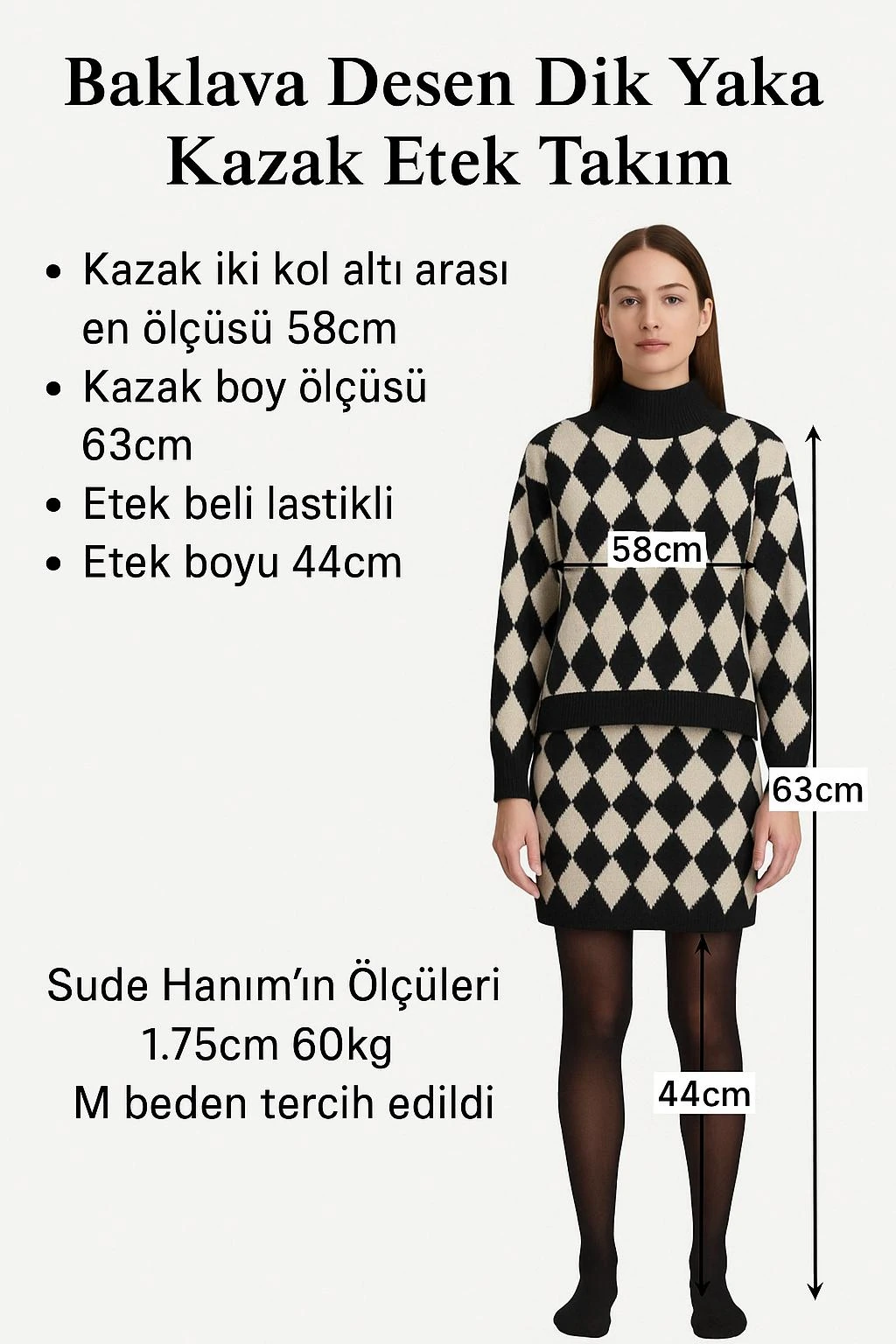 Baklava Desen Dik Yaka Kazak Etek Takım