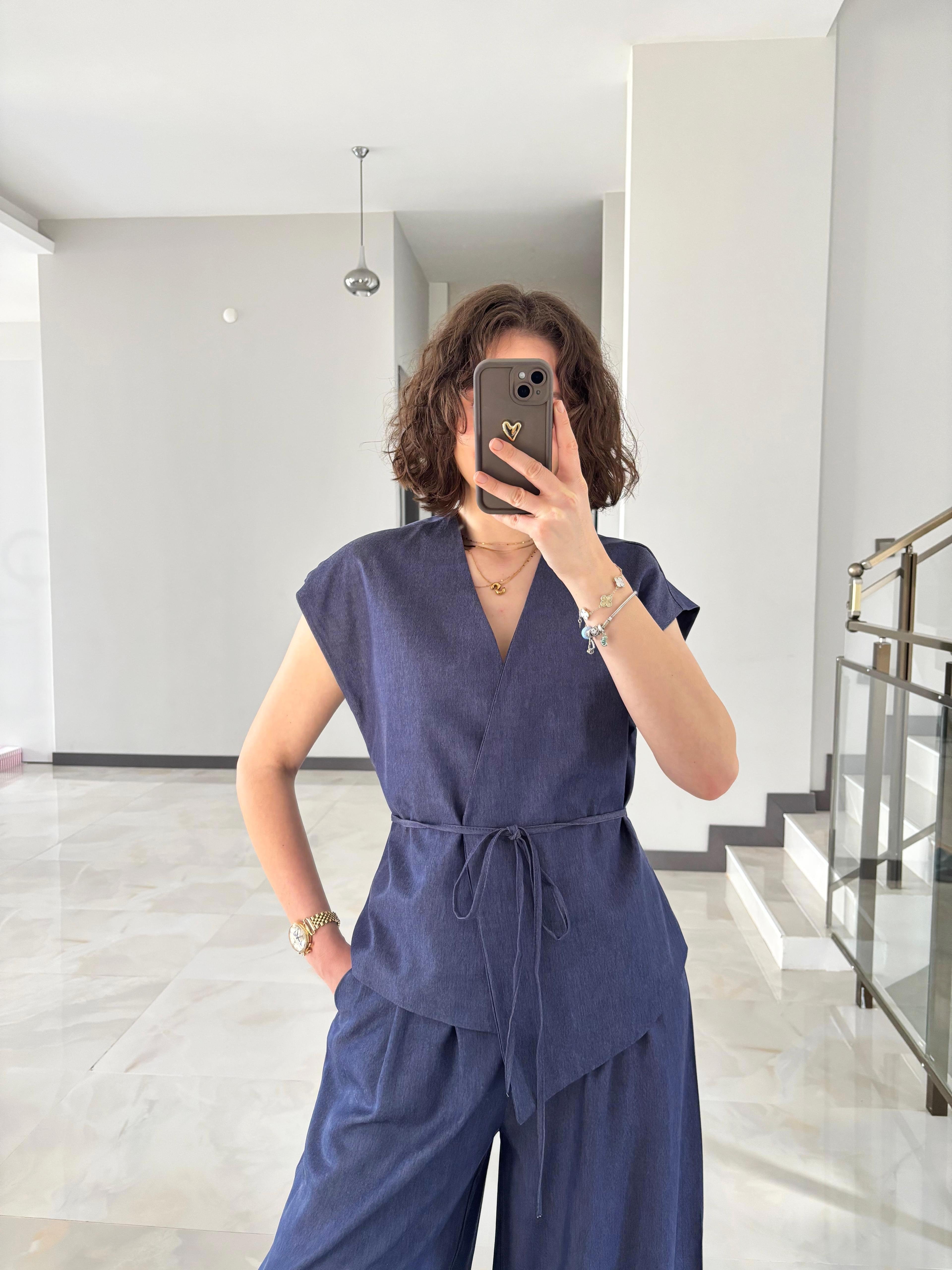 Tensel Kumaş Belden Bağlamalı Denim Takım