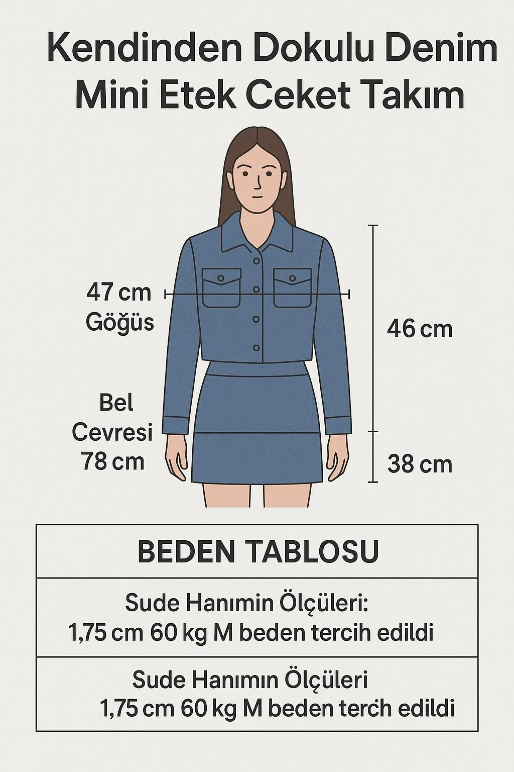 Kendinden Dokulu Denim Mini Etek Ceket Takım