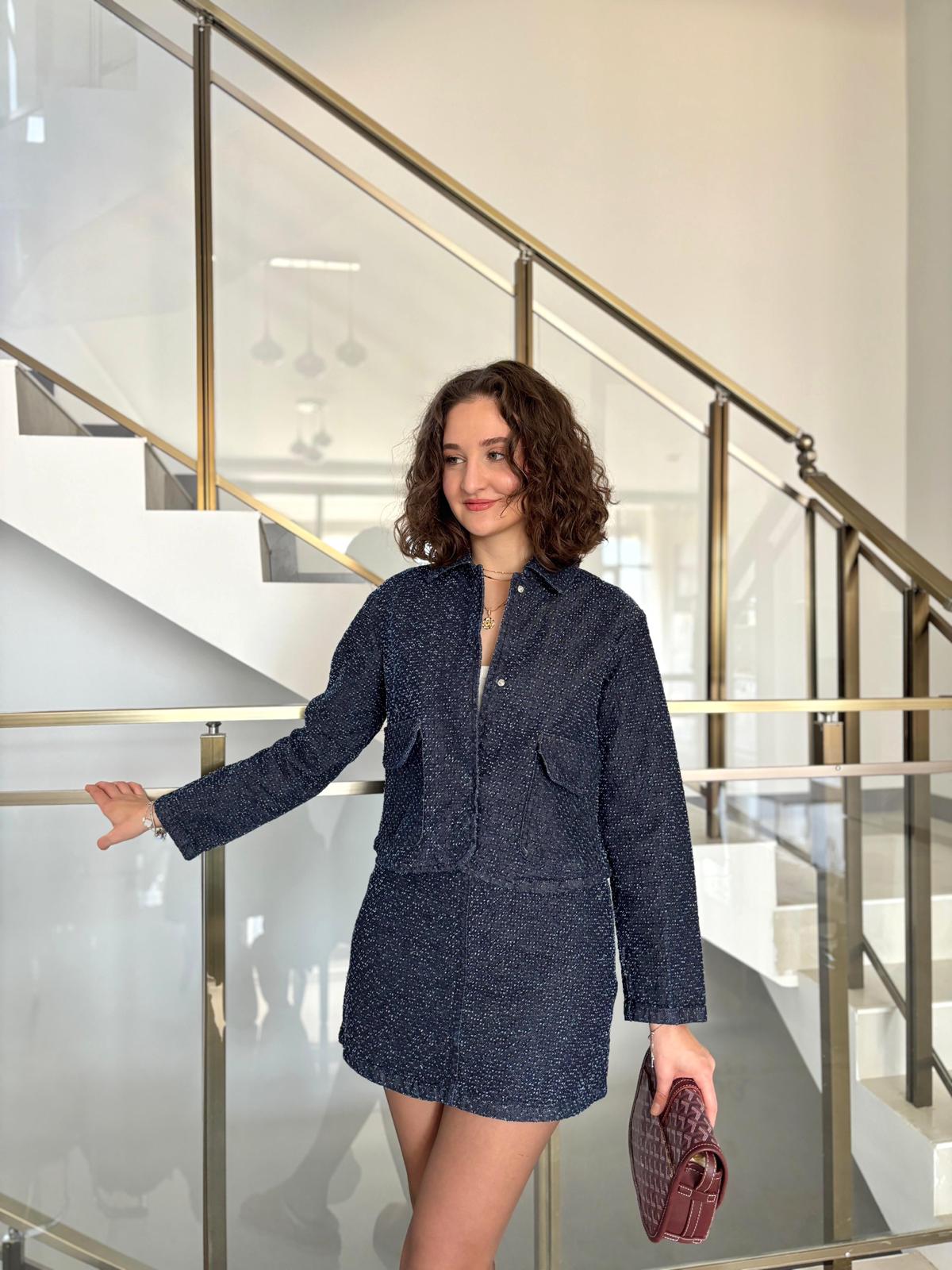 Kendinden Dokulu Denim Mini Etek Ceket Takım