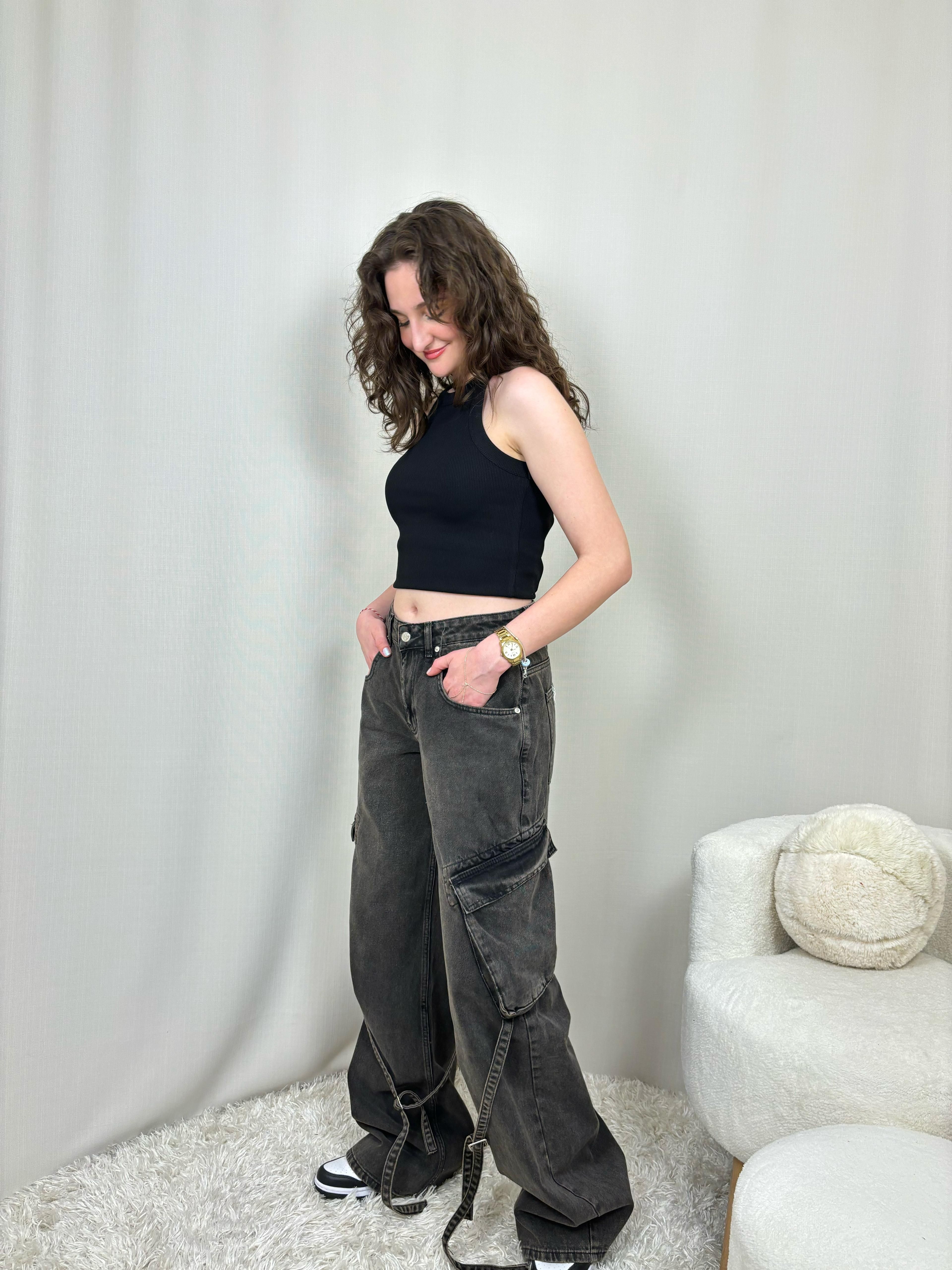 Oversize Cepli Kahve Eskitme Süper Wide Leg Jean