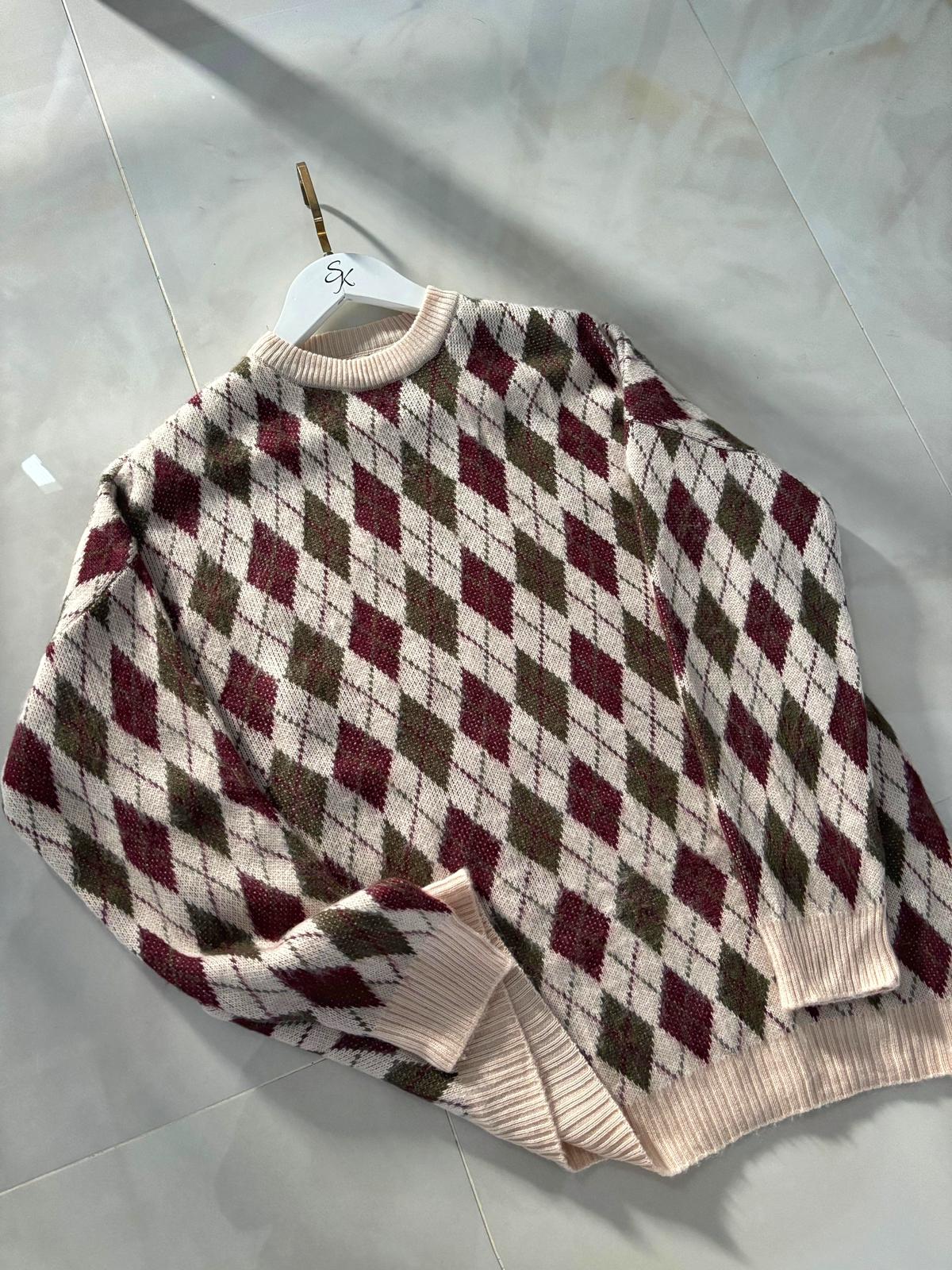 Vanilya Bordo Baklava Desen Oversize Kazak