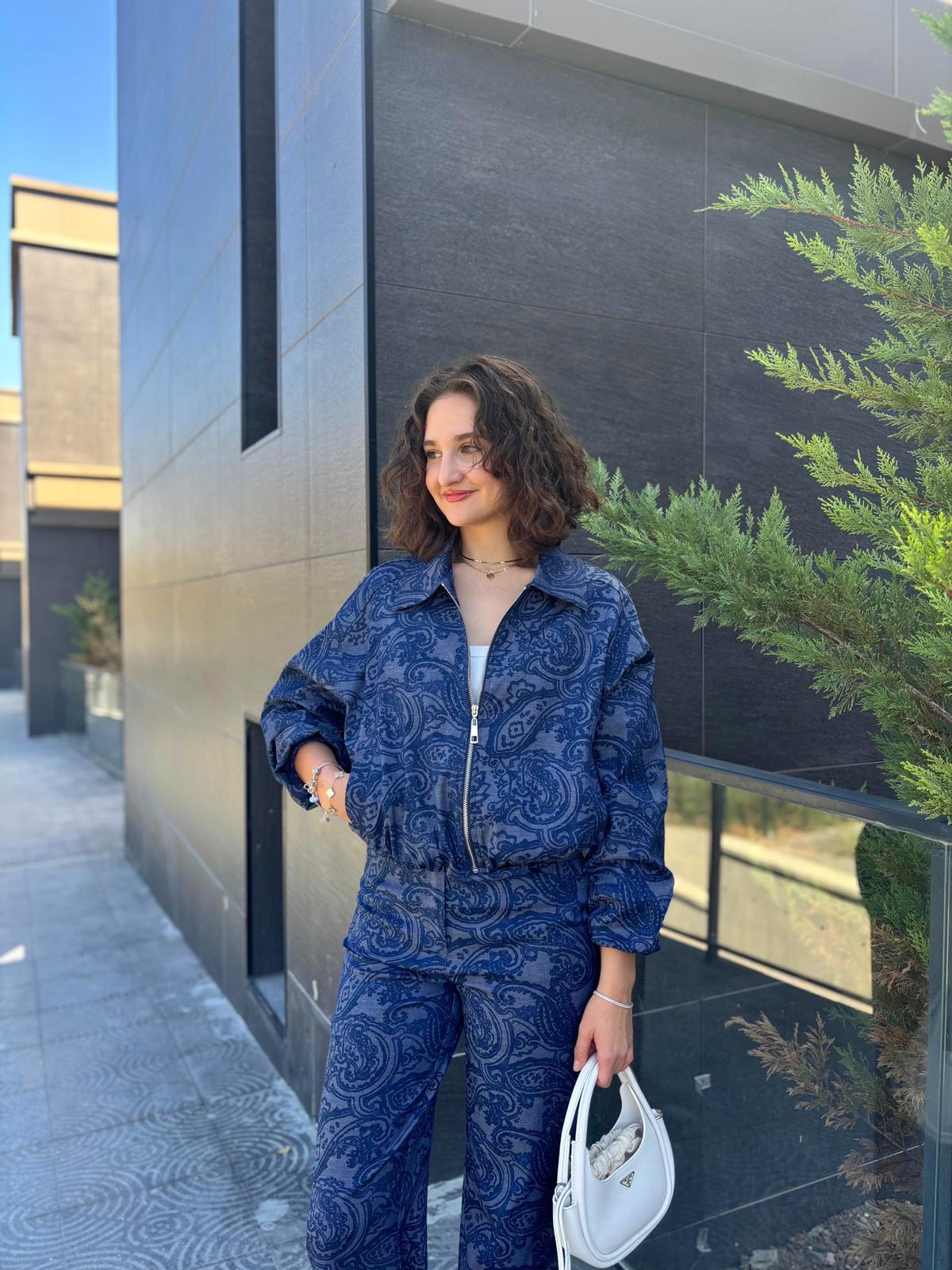 Bomber Ceketli Desenli Denim Takım