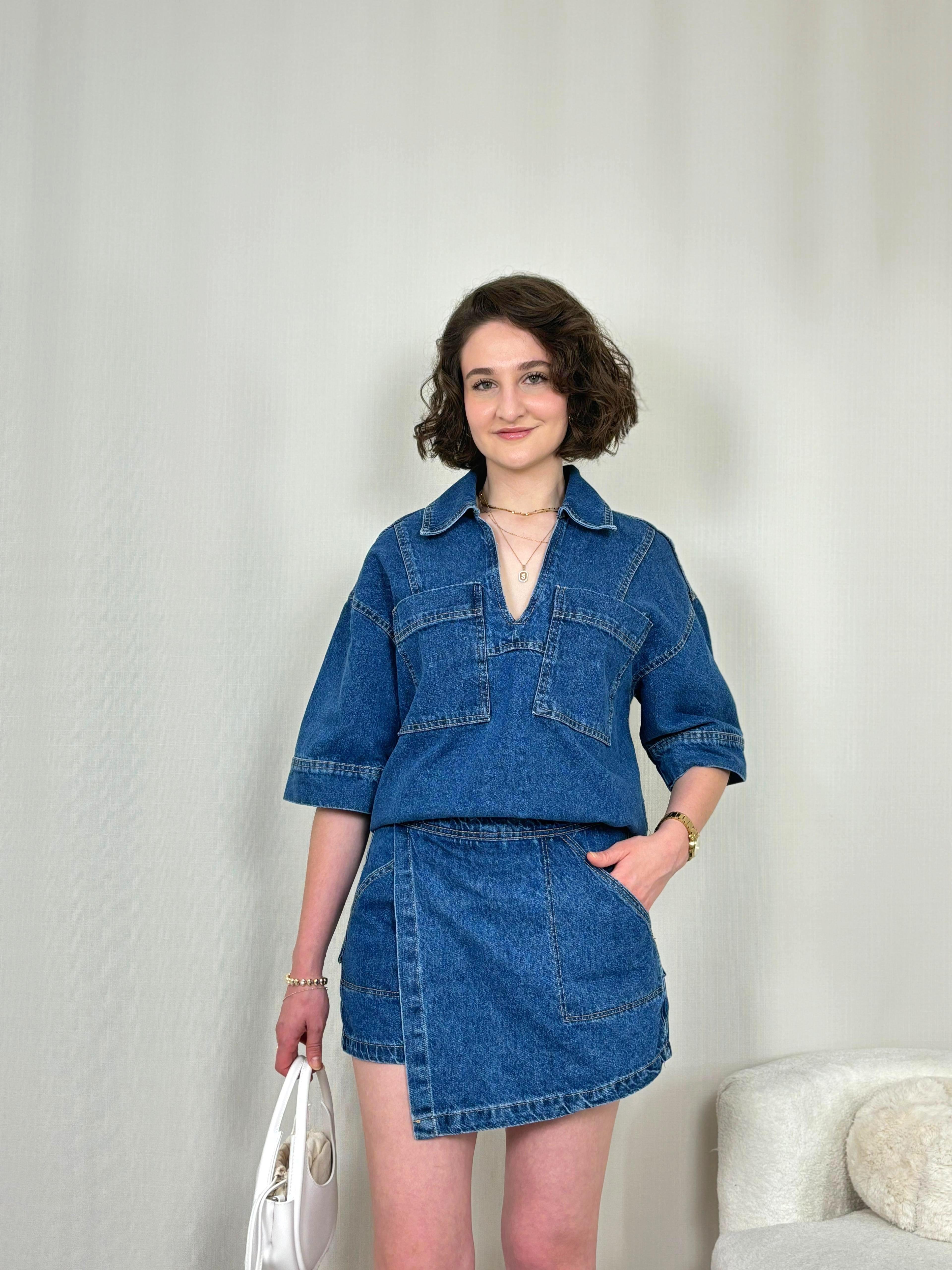 Lacivert Denim Tshirt Şort Etek Takım