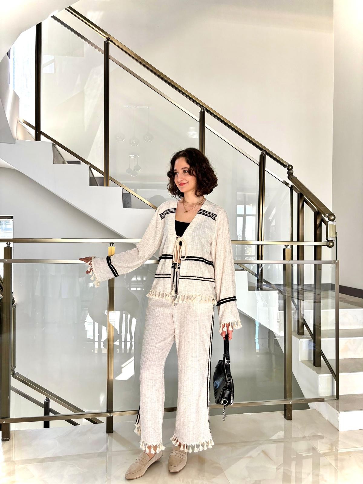 Püskül Detaylı Kimono Naturel Takım