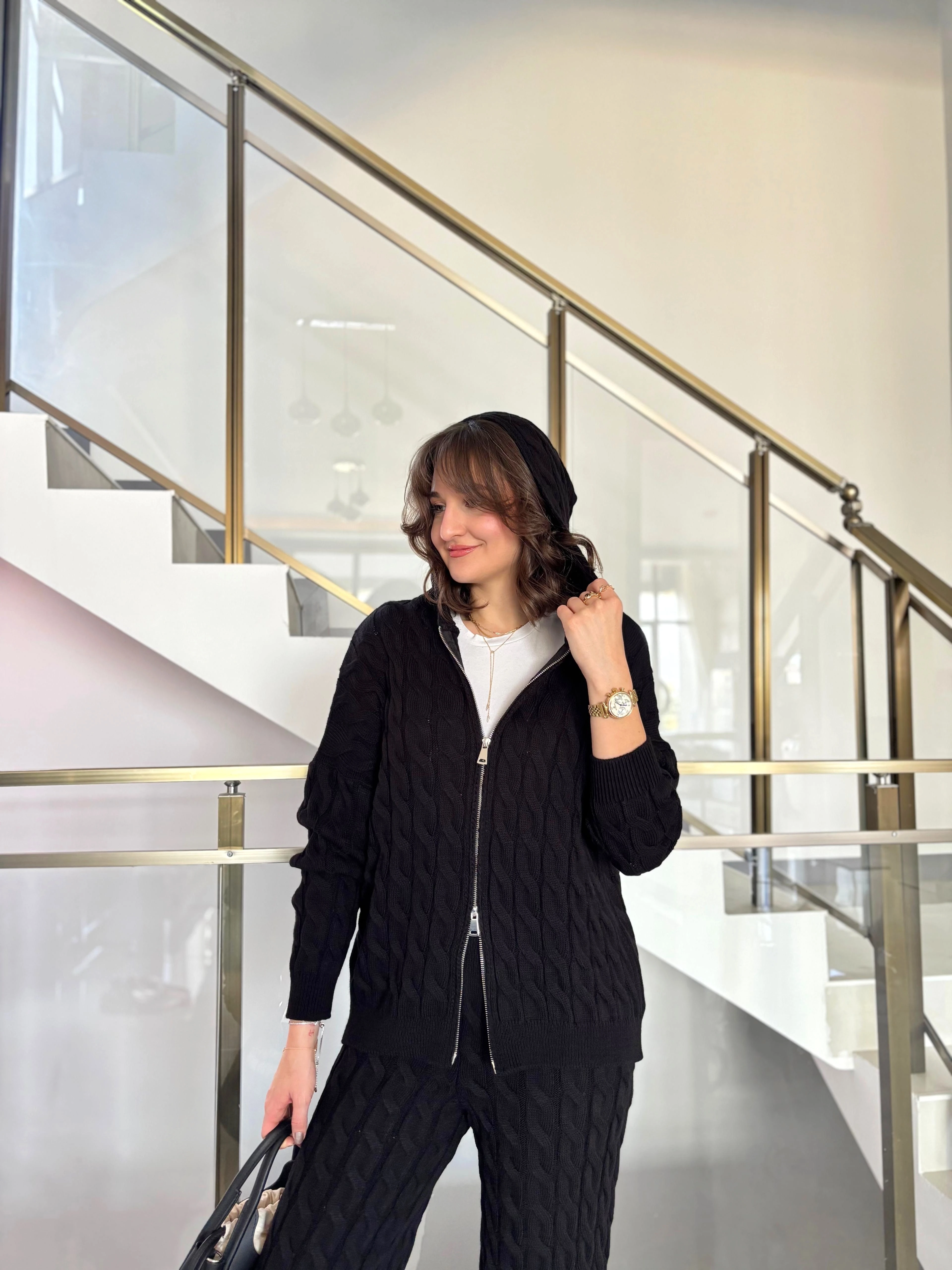 Çift Fermuarlı Saç Örgü Triko Takım