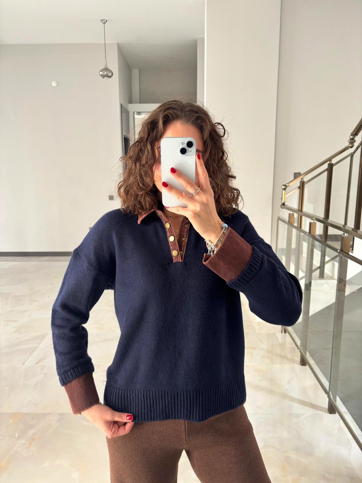 Jean Detaylı Polo Yaka Triko - Lacivert