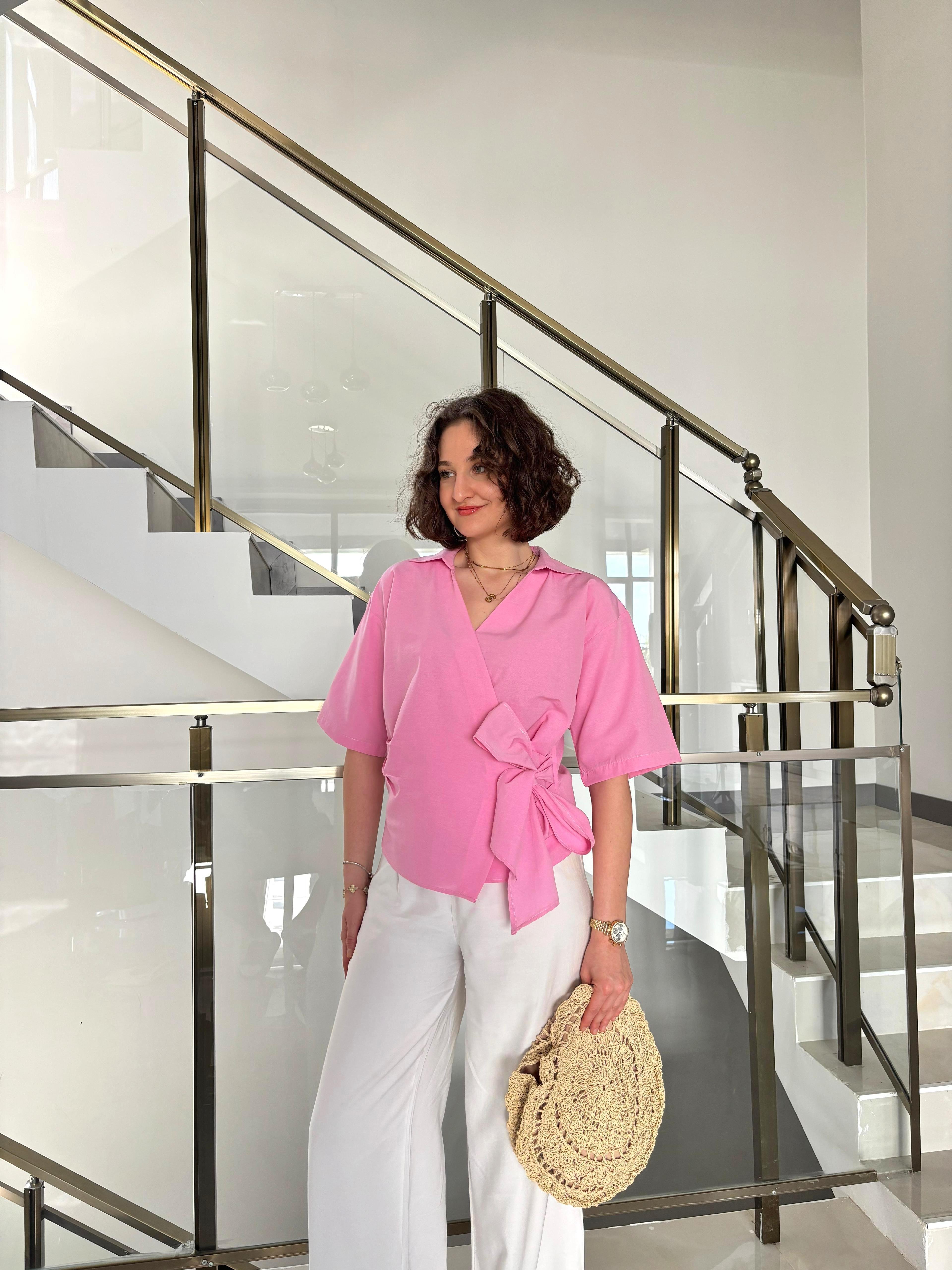 Kruvaze Yaka Kısa Kol Bağlamalı Gömlek - Pembe