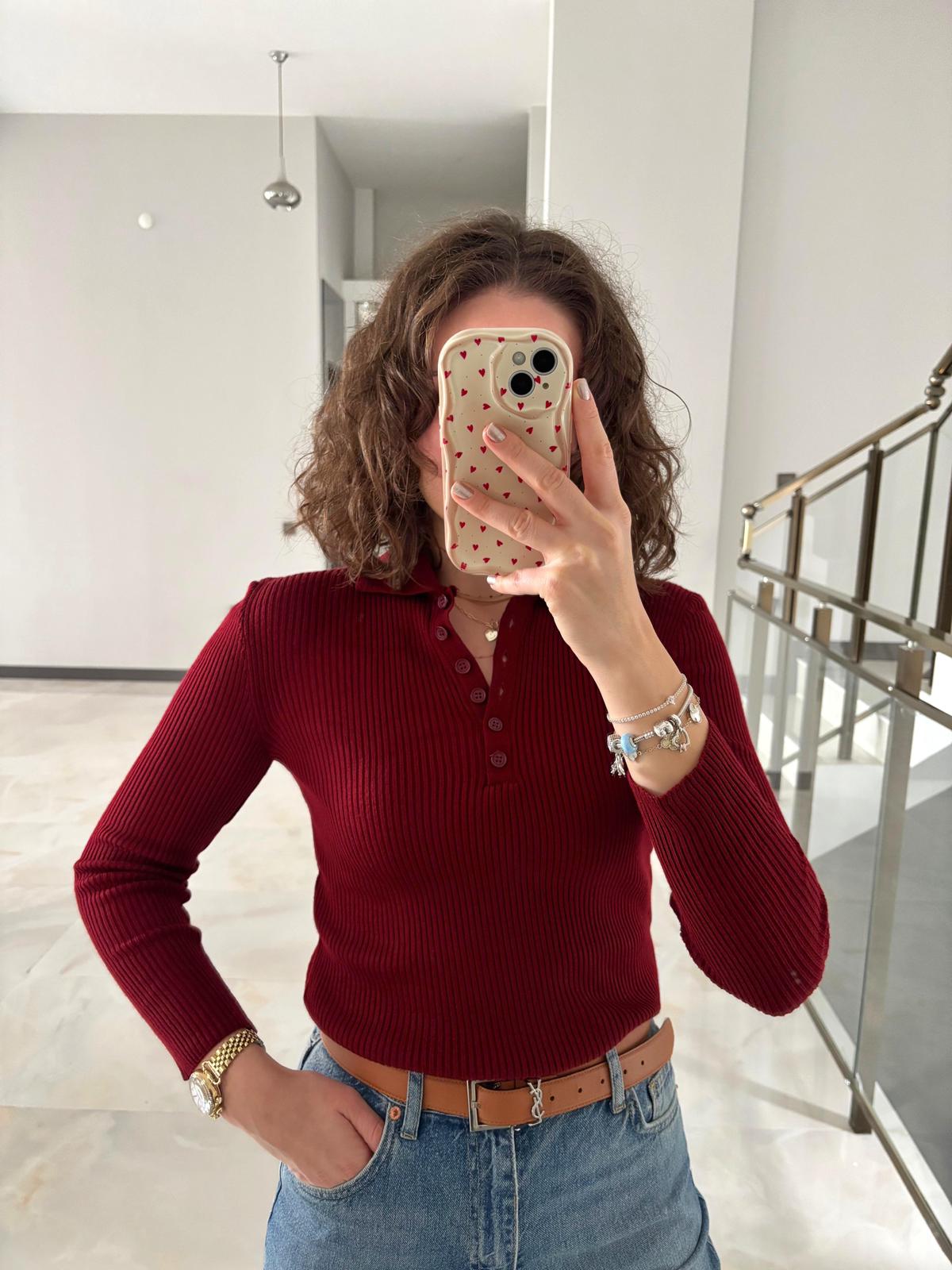 Polo Yaka Fitilli Triko Bluz