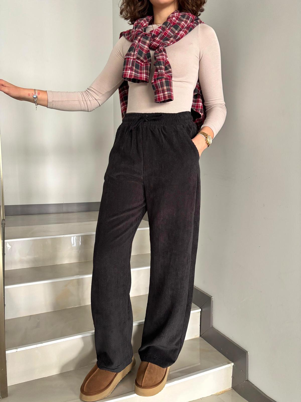 Beli Lastikli Fitilli Kadife Pantolon - SİYAH
