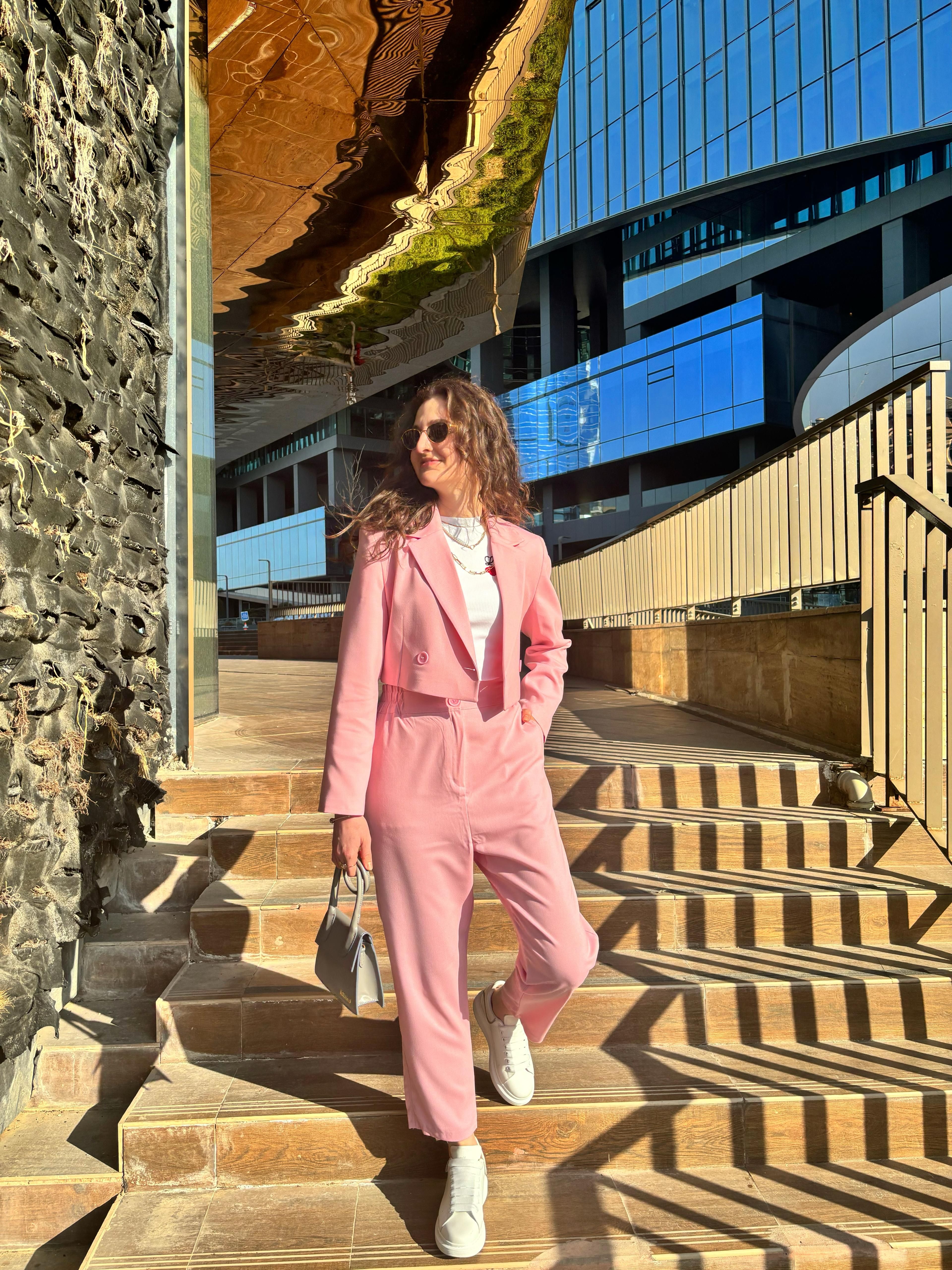 Kruvaze Crop Blazer Ceket Ve Pantolon Takım