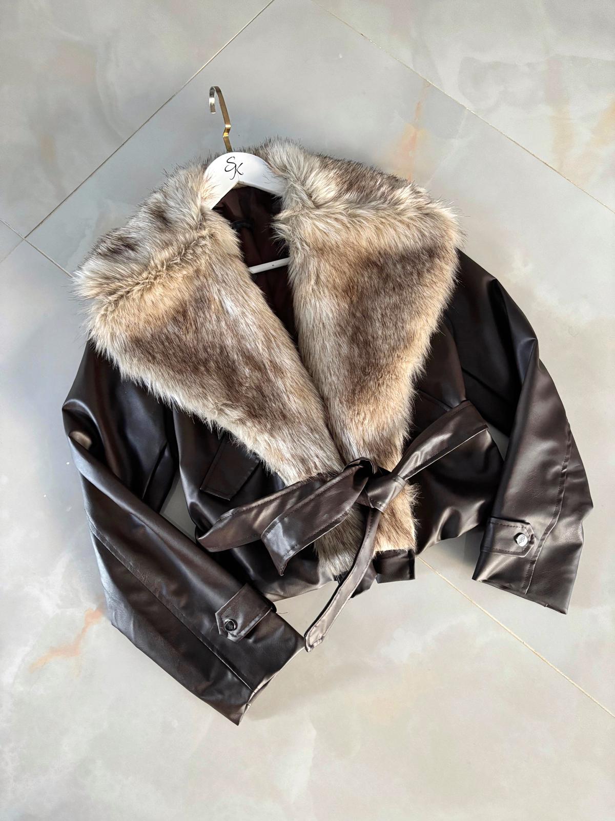 Premium Yakası Kürklü Kahve Deri Ceket