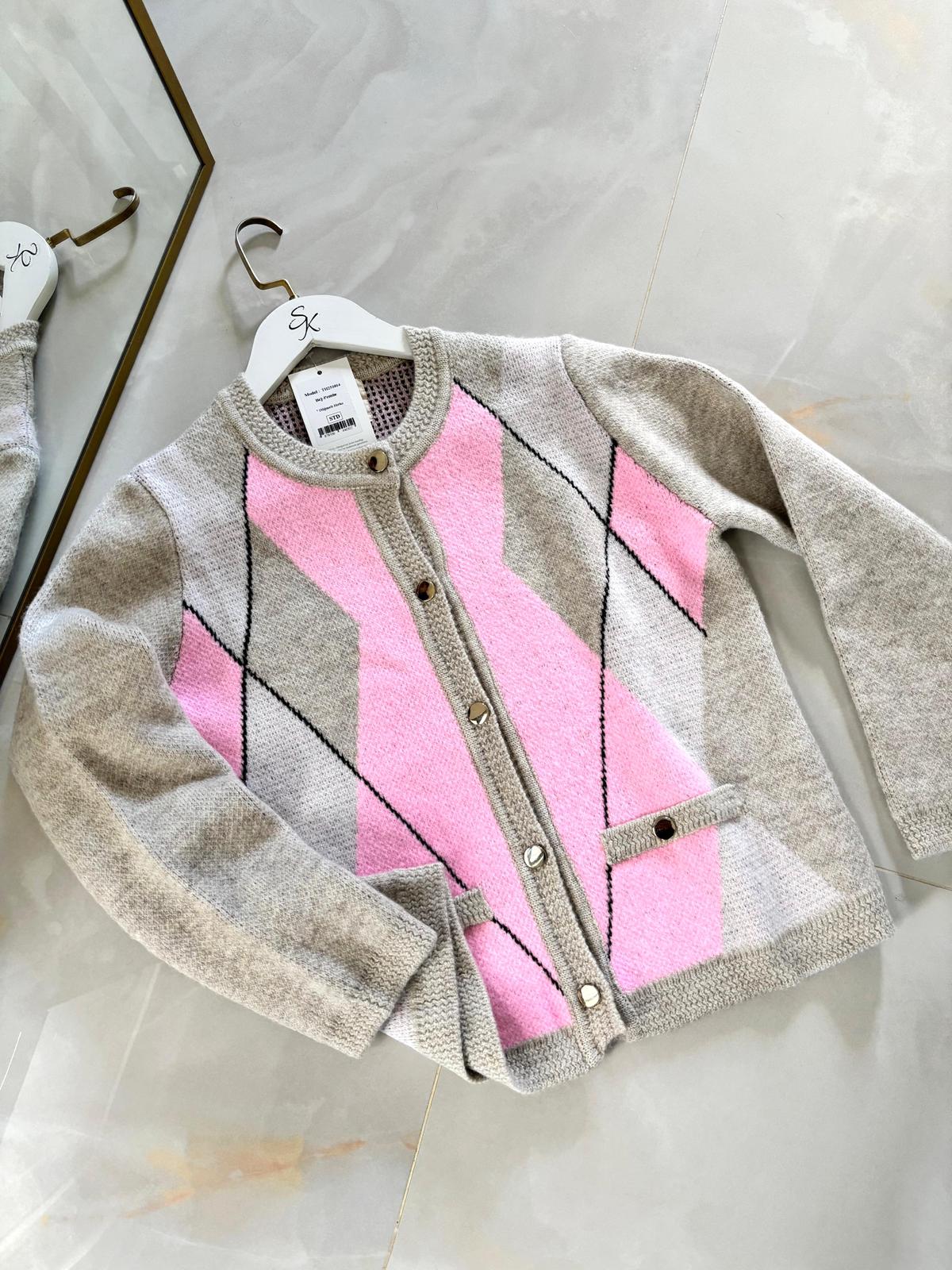 Pembe-Bej Gold Düğmeli Triko Hırka