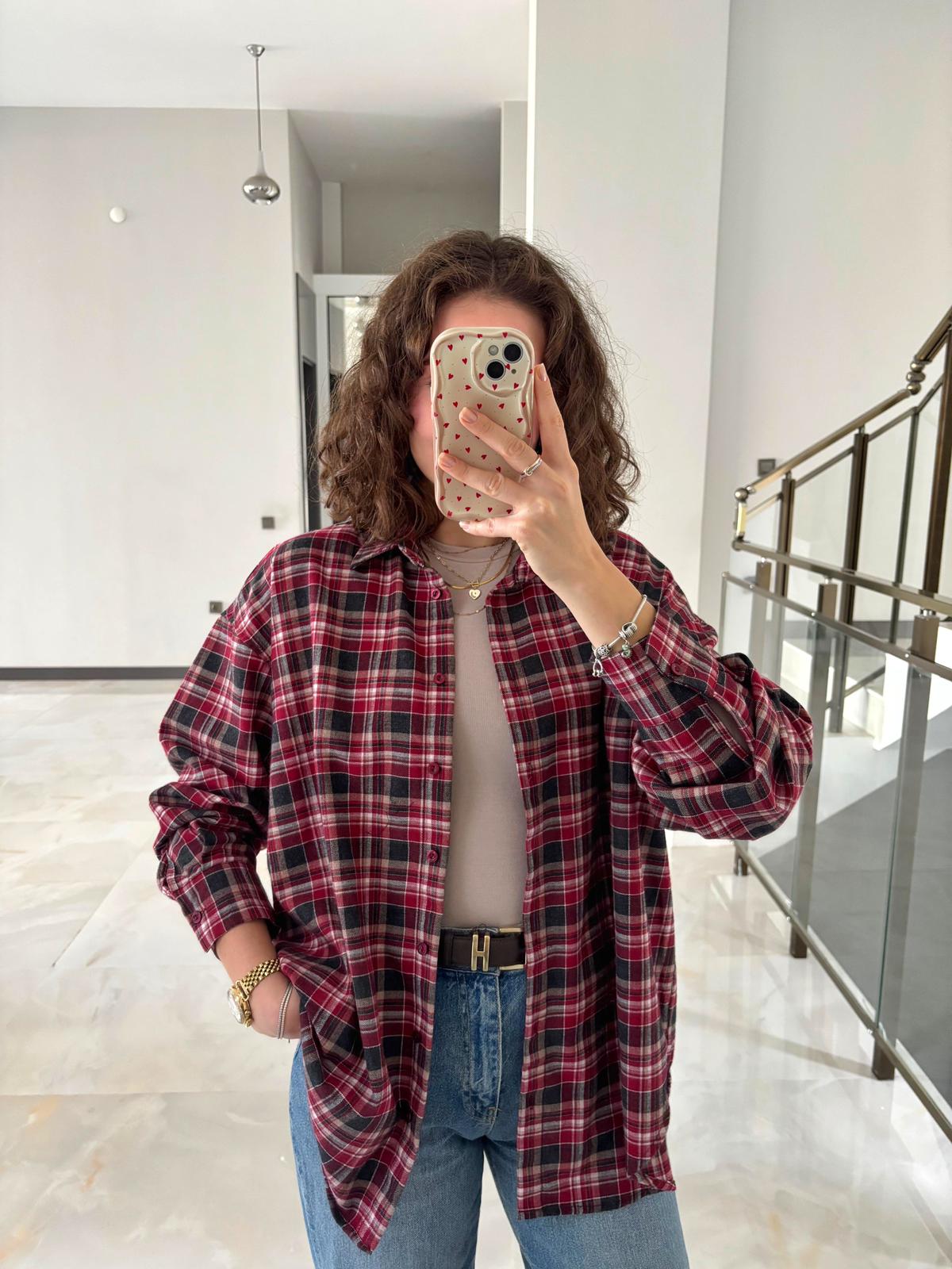 %100 Pamuk Ekose Desen Oduncu Gömleği - Kırmızı