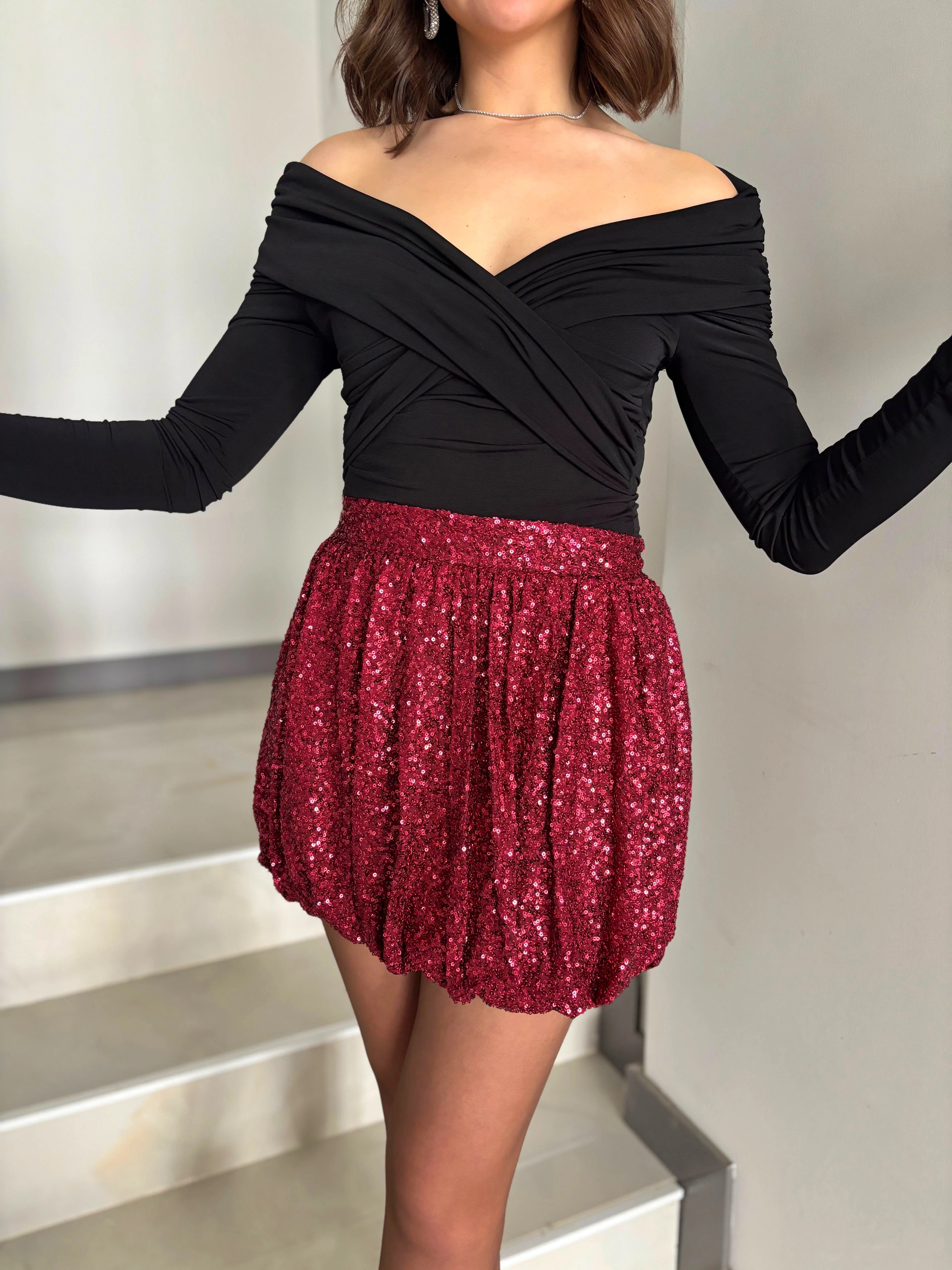 Balon Pul Payet Mini Etek - Kırmızı